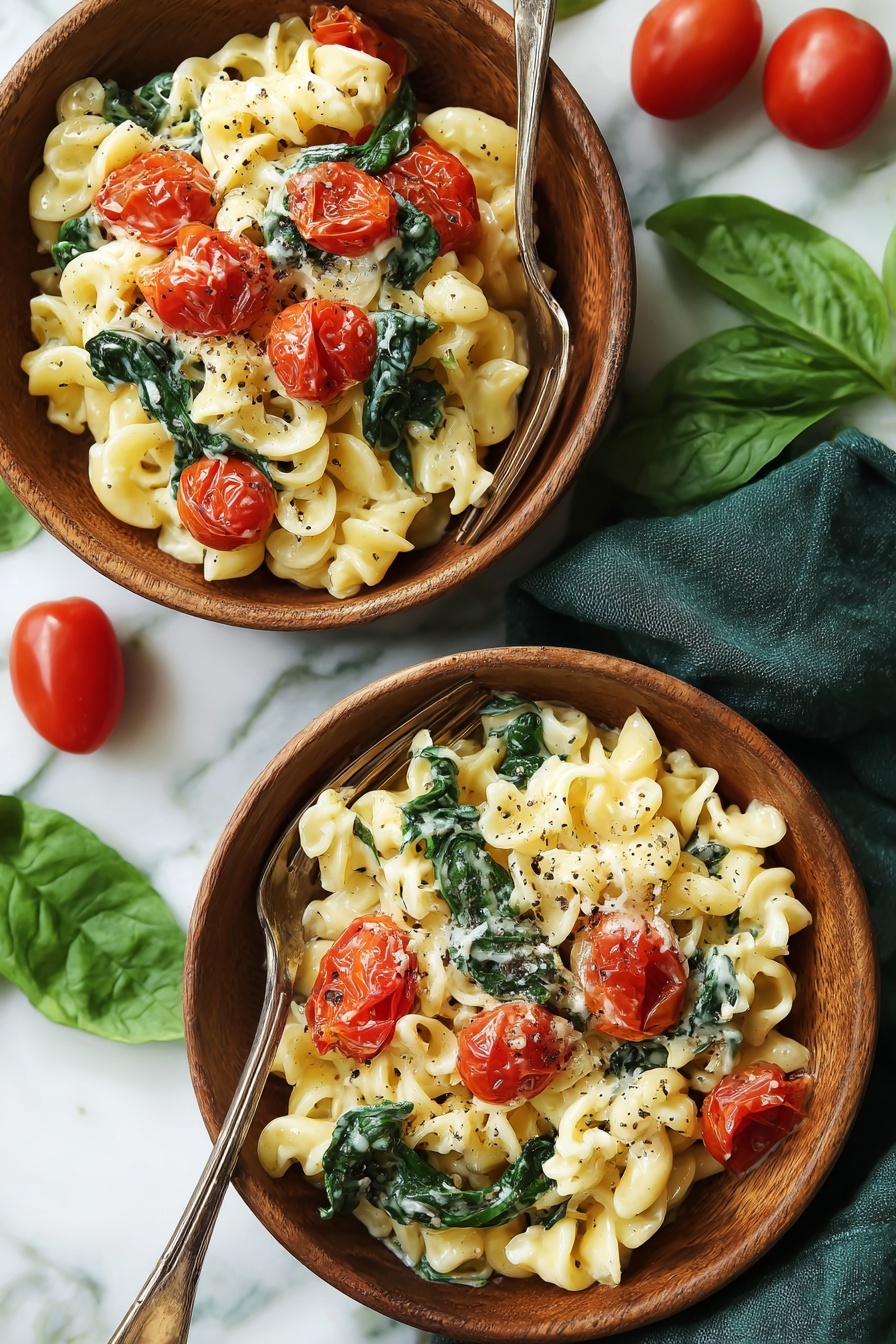 Two wooden bowls filled with pasta sit on a white marbled surface, each bowl containing about three layers. The bottom layer is curly pasta with a pale yellow color and a slightly creamy texture. On top of the pasta are bright red roasted cherry tomato halves mixed with fresh dark green spinach leaves. The dish is sprinkled with a light dusting of black pepper and appears creamy, with melted cheese clinging to the pasta and vegetables. Two silver forks rest in the bowls, and bright red whole cherry tomatoes are scattered nearby beside fresh green basil leaves. A dark green cloth napkin is placed by the bowls. photo taken with an iphone --ar 2:3 --v 7 - Baked Feta Pasta with Roasted Tomatoes, baked feta pasta, roasted tomato pasta, creamy baked feta, easy pasta recipes