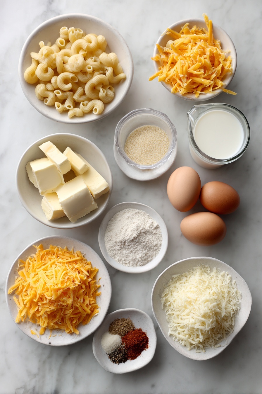 Flat lay of crispy fried homemade mac and cheese bites key ingredients: a few strips of uncooked bacon with streaks of red and white fat, a small pile of dry elbow macaroni pasta with its smooth curved tubes, a simple white ceramic bowl holding pale yellow bacon grease or unsalted butter chunks, a small white bowl of fine all-purpose flour, another white bowl filled with fresh milk, a neat pinch of coarse sea salt crystals next to a tiny pile of ground black pepper, a small heap of garlic powder, and separate tiny piles of ground cayenne pepper and ground nutmeg, a simple white bowl heaped with shredded sharp cheddar cheese in vibrant orange, another white bowl holding shredded Monterey Jack cheese creamy white in color, a small white dish containing more all-purpose flour with a dusting of fine sea salt, black pepper, and onion powder on top, two whole clean-shelled brown eggs, and a small white bowl filled with golden seasoned panko breadcrumbs, all arranged symmetrically with perfect spacing, placed on a clean white marble surface, soft natural light, photo taken with an iPhone, professional food photography style, fresh ingredients, white ceramic bowls, no bottles, no duplicates, no utensils, no packaging --ar 2:3 --v 7 --p m7354615311229779997 - Crispy Fried Mac and Cheese Bites, crunchy cheese appetizer, cheesy snack bites, quick party appetizer, baked mac and cheese bites