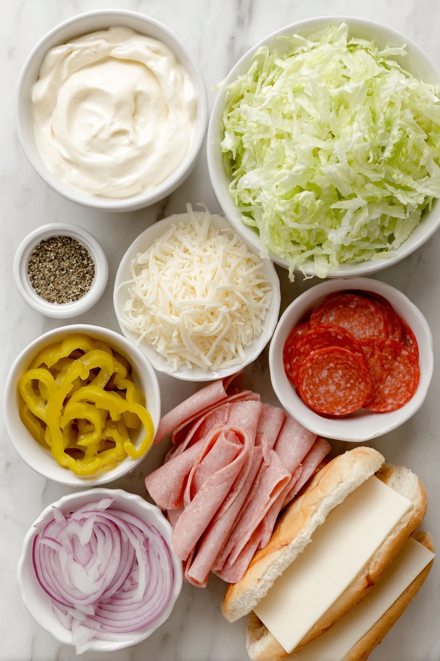Flat lay of a small white ceramic bowl of creamy mayonnaise, a small white bowl with red wine vinegar, a small white bowl with garlic powder, a small white bowl with dried oregano, a small white bowl with salt, a few grinds of black pepper loose on the surface, half a head of iceberg lettuce shredded finely arranged loosely, thinly sliced half a red onion in a small neat pile, a small mound of sliced bright yellow banana peppers, three fresh sub rolls with a golden crust, thin stacks of folded red salami slices, thin stacks of round pepperoni slices, thin slices of turkey breast, slices of pale yellow provolone cheese neatly layered, a ripe red tomato sliced evenly, a small white bowl filled with finely grated parmesan cheese, each ingredient fresh and natural, all items arranged with perfect symmetry and balanced proportions, placed on a clean white marble surface, soft natural light, photo taken with an iPhone, professional food photography style, fresh ingredients, white ceramic bowls, no bottles, no duplicates, no utensils, no packaging --ar 2:3 --v 7 --p m7354615311229779997 - Viral Italian Grinder Sandwich, Italian Grinder Sandwich, Italian Sandwich Recipe, Layered Italian Sub, Easy Italian Sandwich