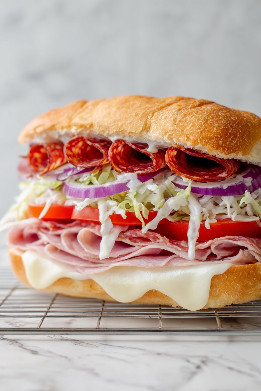 A sandwich with five main layers sits on a wire rack over a white marbled surface. The bottom layer is light melted cheese with a smooth texture that slightly drips off the edge. Above it are slices of pale pink meat, topped by thin, bright red tomato slices. Next is a creamy salad layer with shredded lettuce and thin rings of purple onion mixed into a white dressing. The top layer consists of crispy brown bacon strips that are slightly curled, all held together by a toasted, golden-brown sandwich bun. Photo taken with an iphone --ar 2:3 --v 7 - Viral Italian Grinder Sandwich, Italian Grinder Sandwich, Italian Sandwich Recipe, Layered Italian Sub, Easy Italian Sandwich