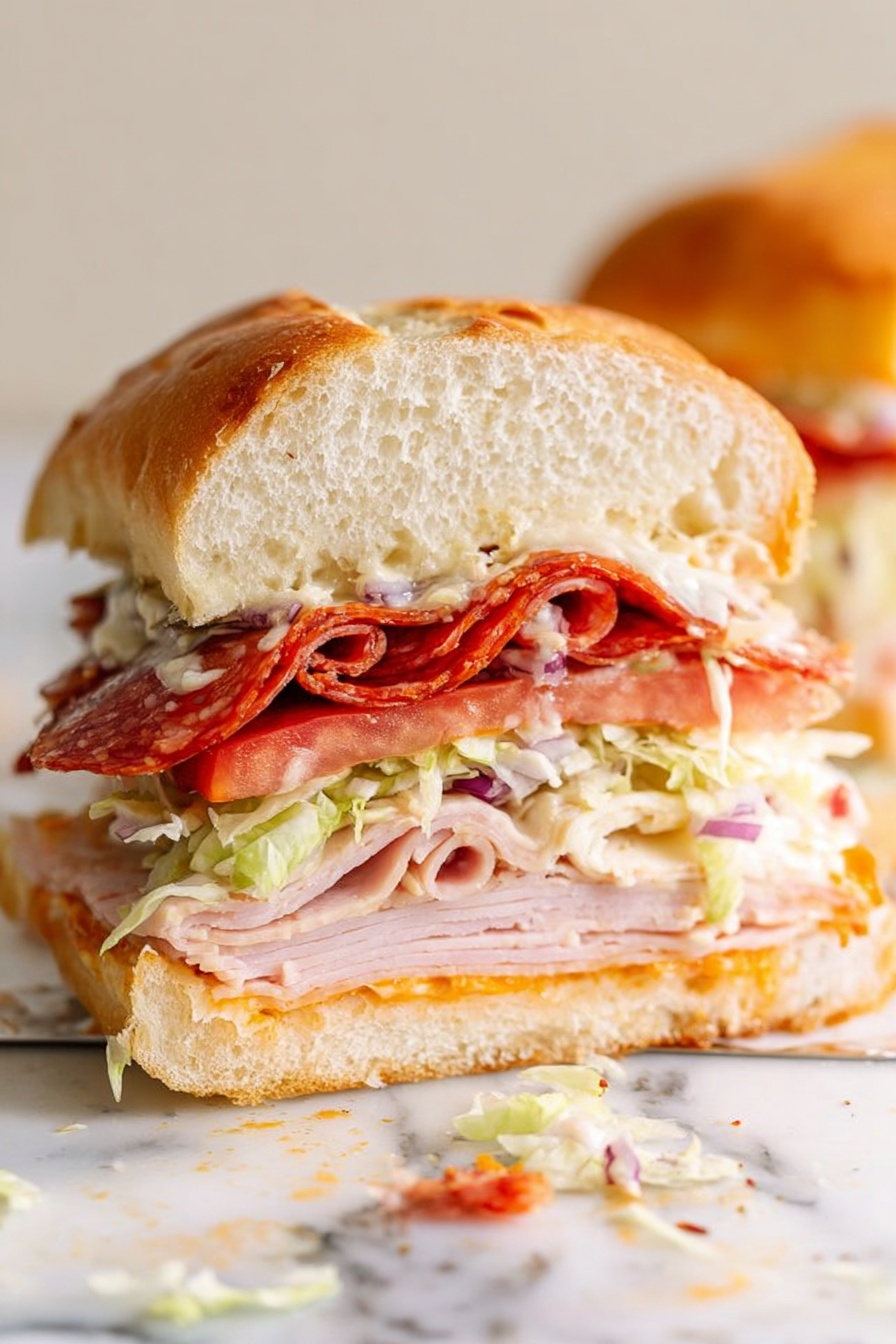 The image shows a close-up of a tall sandwich cut in half, with a soft, golden-brown bun on top and bottom. Inside, there are several distinct layers from bottom to top: a thin layer of light pink meat, a bright orange spread, thin white slices of turkey or chicken, shredded lettuce mixed with small pieces of red onion, a thick slice of red tomato, several slices of spicy red pepperoni, and a light-colored sauce or dressing visible between the layers. The sandwich rests on a white marbled surface, with some small bits of chopped vegetables scattered near it. The photo taken with an iphone --ar 2:3 --v 7 - Viral Italian Grinder Sandwich, Italian Grinder Sandwich, Italian Sandwich Recipe, Layered Italian Sub, Easy Italian Sandwich