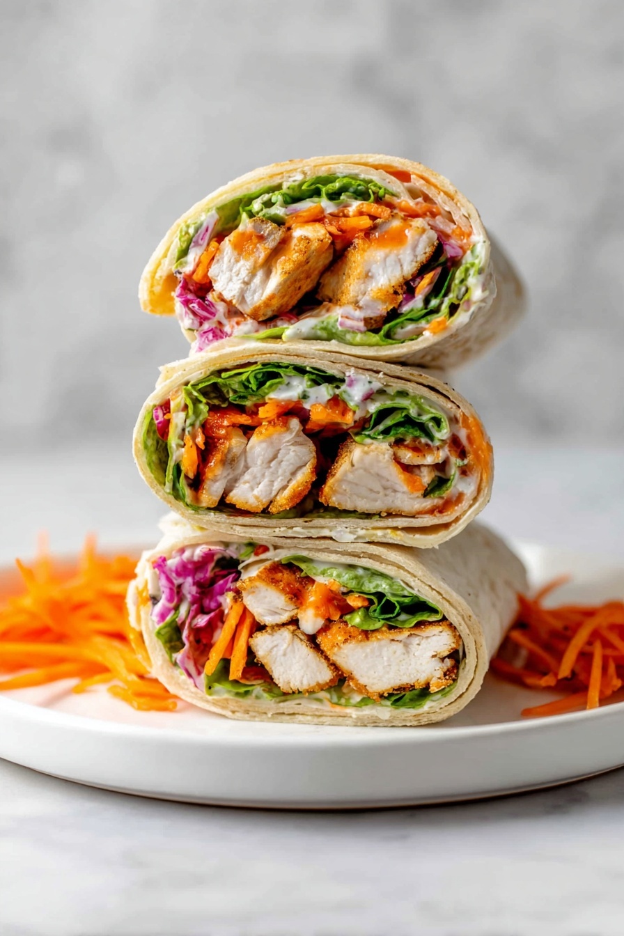 The image shows three halves of a wrap stacked on top of each other on a white plate with a few pieces of shredded orange carrot around. Each wrap has several visible layers: the outer layer is a soft, light beige tortilla, inside is a bright green lettuce leaf, then a layer of grilled white chicken pieces with an orange sauce, thin slices of red onion, shredded orange carrot, and some white sauce drizzled inside. The wraps are neatly rolled and cut to show the colorful layers inside. The background is a white marbled texture. Photo taken with an iphone --ar 2:3 --v 7 - Buffalo Chicken Wraps, spicy chicken wraps, easy chicken wrap recipes, healthy buffalo chicken wrap, quick dinner ideas