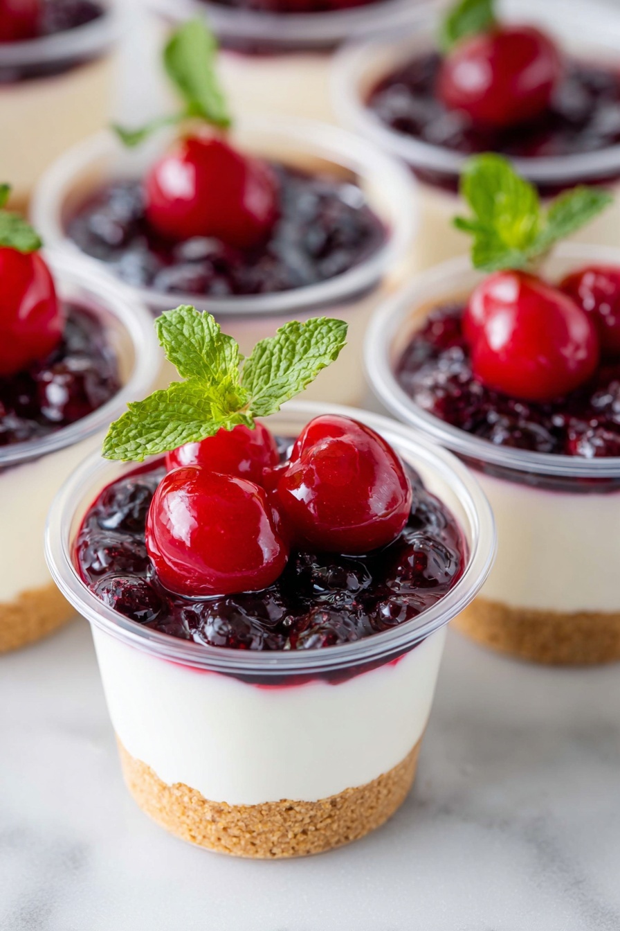 The image shows several clear plastic cups filled with a three-layer dessert. The bottom layer is a crumbly, light brown cookie crust. The middle layer is thick, smooth, and white cream cheese filling. On the top layer, there are either bright red cherry topping or dark purple blueberry topping with a shiny texture. Each cup is garnished with a small fresh green mint leaf on top. All cups are placed on a white marbled surface. photo taken with an iphone --ar 2:3 --v 7 - No-Bake Cheesecake Cups, easy cheesecake dessert, no oven cheesecake, creamy no-bake dessert, customizable cheesecake cups