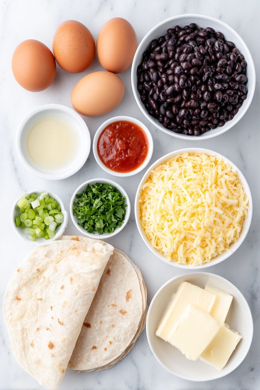 Flat lay of two whole brown eggs with clean shells, a small white ceramic bowl of reddish-orange hot sauce, a small white ceramic bowl of rinsed and drained black beans, a small white ceramic bowl with melted butter, a handful of chopped bright green onion, a small pile of finely chopped fresh cilantro leaves, a small white ceramic bowl of chopped green pickled jalapeños, one medium whole grain tortilla folded in half, a small white ceramic bowl heap of grated sharp cheddar cheese, and a small white ceramic bowl of chunky salsa, all arranged with perfect symmetry on a clean white marble surface, soft natural light, photo taken with an iPhone, professional food photography style, fresh ingredients, white ceramic bowls, no bottles, no duplicates, no utensils, no packaging --ar 2:3 --v 7 --p m7354615311229779997 - Cheddar Egg Breakfast Quesadilla, breakfast quesadilla recipes, quick breakfast ideas, cheesy egg breakfast, easy brunch recipes
