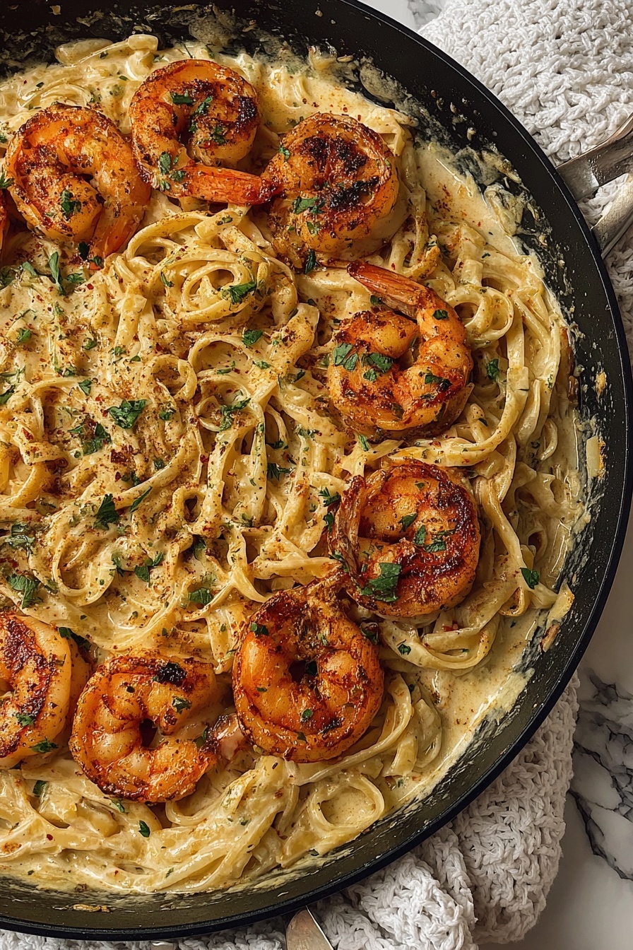 A black pan filled with creamy pasta as the base layer, light beige with visible seasoning and herbs mixed in, topped with eight cooked shrimp arranged in a circular pattern. The shrimp are orange with charred spots and sprinkled with green herb pieces. The pasta strands are thick and tangled, coated in sauce, with small bits of herbs and spices. The pan is resting on a white marbled surface with a white textured cloth nearby. photo taken with an iphone --ar 2:3 --v 7 - Cajun Shrimp Pasta, Cajun pasta recipes, creamy shrimp pasta, spicy shrimp pasta, easy seafood pasta