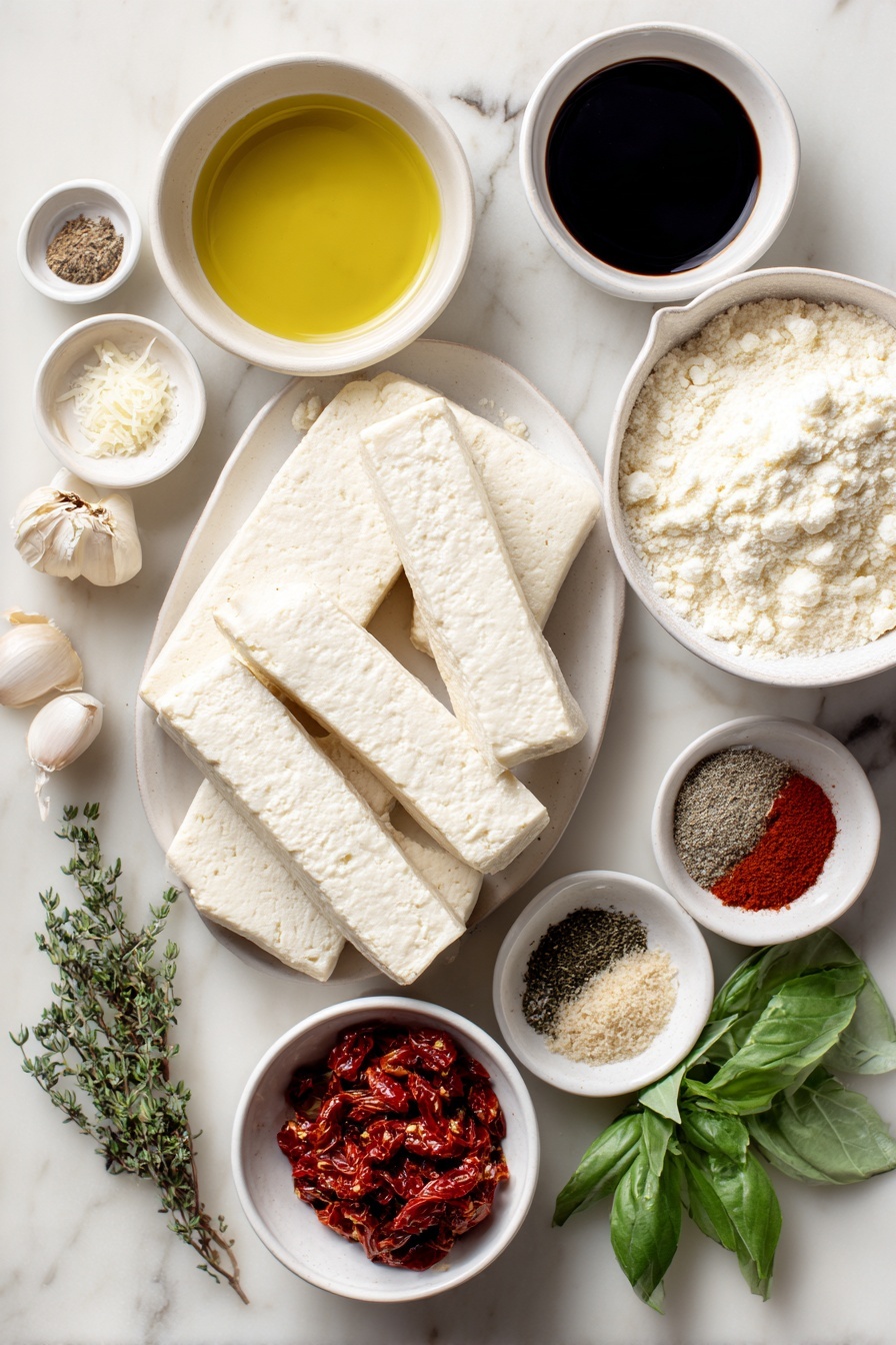 Flat lay of a block of fresh firm tofu cut into three long pieces with rounded edges, two small white ceramic bowls—one filled with golden olive oil and another with dark balsamic vinegar, a small white bowl of clear water, a small white bowl holding fine all-purpose flour, three whole garlic cloves with papery skins intact, a small white bowl of grated parmesan cheese, a small white bowl with bright red chopped sun-dried tomatoes, a few sprigs of fresh green herbs (basil and parsley), and small white bowls with paprika powder, garlic powder, onion powder, chili flakes, dried oregano, and dried thyme arranged symmetrically, all placed on a clean white marble surface, soft natural light, photo taken with an iPhone, professional food photography style, fresh ingredients, white ceramic bowls, no bottles, no duplicates, no utensils, no packaging --ar 2:3 --v 7 --p m7354615311229779997 - Marry Me Tofu in Creamy Sun-Dried Tomato Sauce, vegan tofu main dish, creamy sun-dried tomato tofu, flavorful plant-based tofu recipe, easy tofu dinner ideas