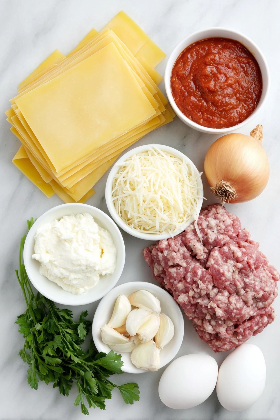 Flat lay of uncooked rectangular lasagna noodles neatly stacked, a small mound of shredded mozzarella cheese, a small pile of shredded Parmesan cheese, a fresh whole yellow onion with shiny skin, two whole cloves of garlic with papery skins, a small white ceramic bowl filled with vibrant red pasta sauce, a small white ceramic bowl holding thick, deep red tomato paste, fresh bright green parsley sprigs loosely arranged, a raw whole egg with a smooth clean shell, a small white ceramic bowl containing creamy white ricotta cheese, and fresh raw lean ground beef and Italian sausage side by side in small portions placed on a simple white ceramic dish, all ingredients fresh and natural, placed on a clean white marble surface, soft natural light, photo taken with an iPhone, professional food photography style, fresh ingredients, white ceramic bowls, no bottles, no duplicates, no utensils, no packaging --ar 2:3 --v 7 --p m7354615311229779997 - Homemade Lasagna, Homemade Lasagna with Meat and Cheese, classic lasagna recipe, easy meat lasagna, cheesy lasagna dish