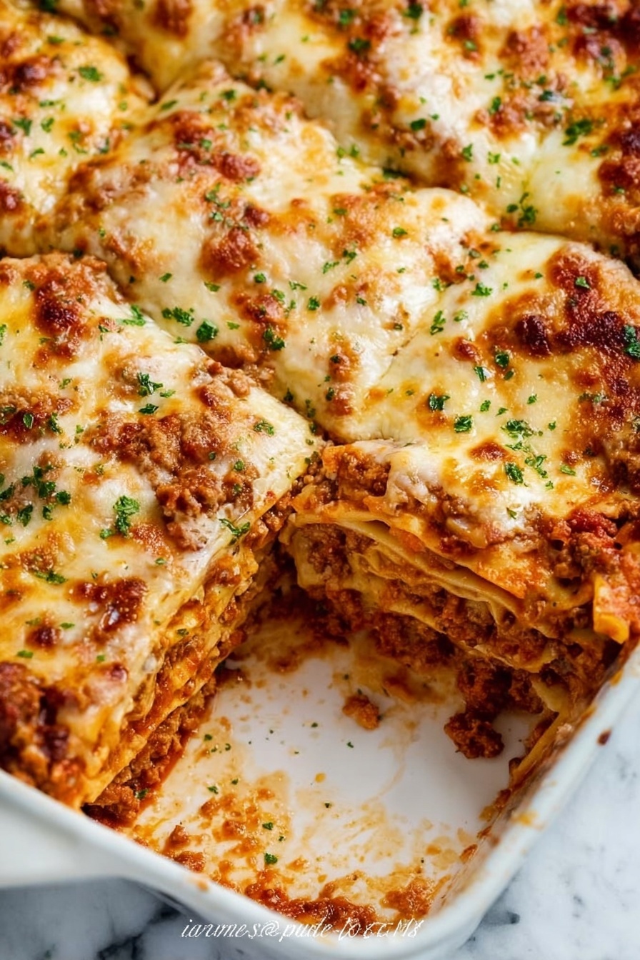 The image shows a white square dish with several layers of lasagna. The bottom layer is soft cooked pasta sheets, topped by a thick layer of brown meat sauce mixed with reddish tomato sauce that looks chunky and moist. Above this is another layer of pasta, followed by a thick spread of melted light yellow cheese with golden brown spots, sprinkled with small bits of green herbs. One piece of lasagna has been taken out, revealing the layers clearly on a white marbled surface. The cheese on top looks bubbly and slightly browned with a bit of gooey stretched texture. photo taken with an iphone --ar 2:3 --v 7 - Homemade Lasagna, Homemade Lasagna with Meat and Cheese, classic lasagna recipe, easy meat lasagna, cheesy lasagna dish