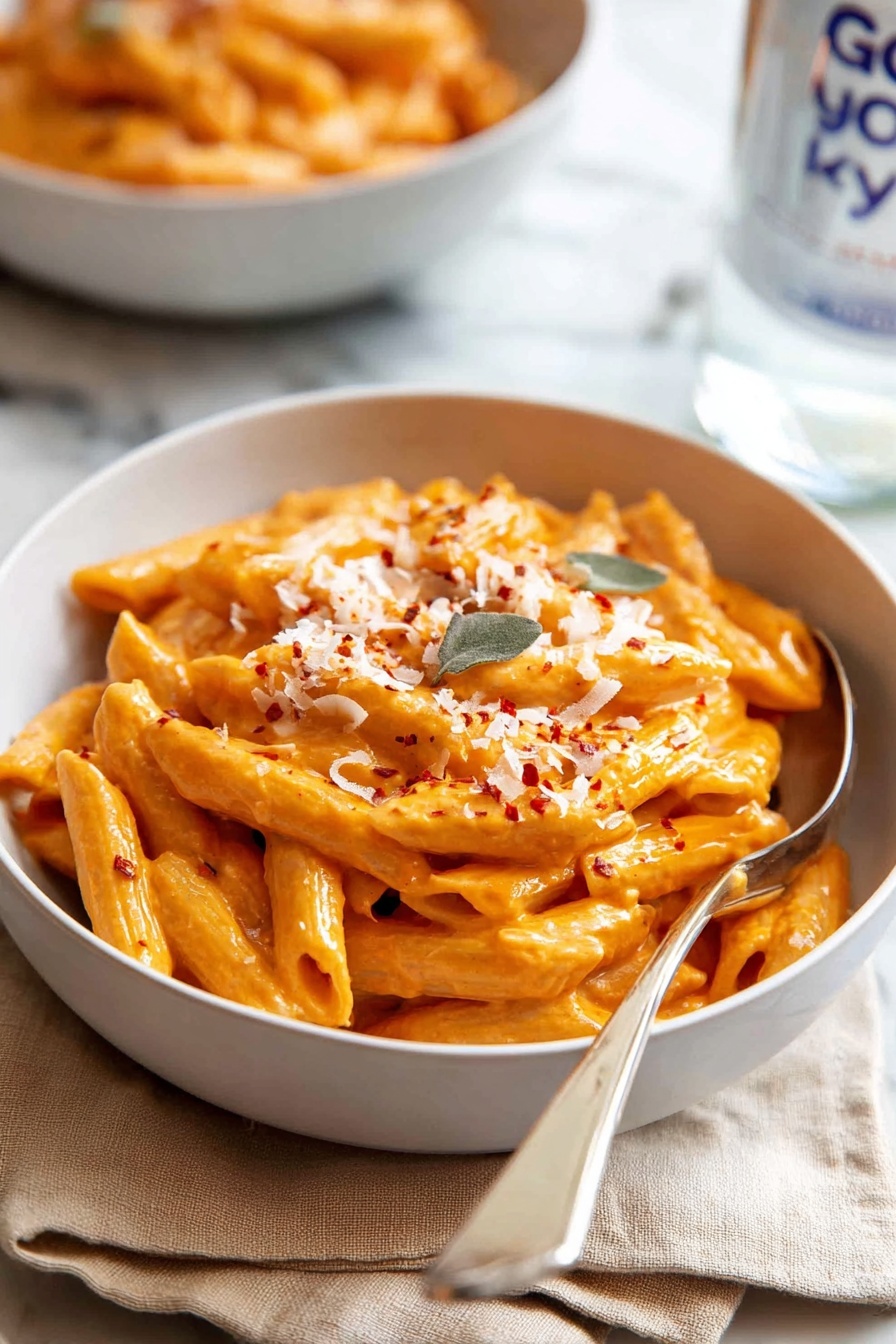 A white bowl filled with a single layer of penne pasta coated in a creamy orange sauce, with a small pile of shredded white cheese sprinkled in the center and a few red pepper flakes scattered on top; a silver spoon is partially stirring the pasta on the left side of the bowl, all set on a white marbled surface with a blurred drink bottle in the background, photo taken with an iphone --ar 2:3 --v 7 - Creamy Vodka Penne Pasta, creamy pasta with vodka, quick vodka pasta recipe, easy penne pasta, indulgent dinner ideas