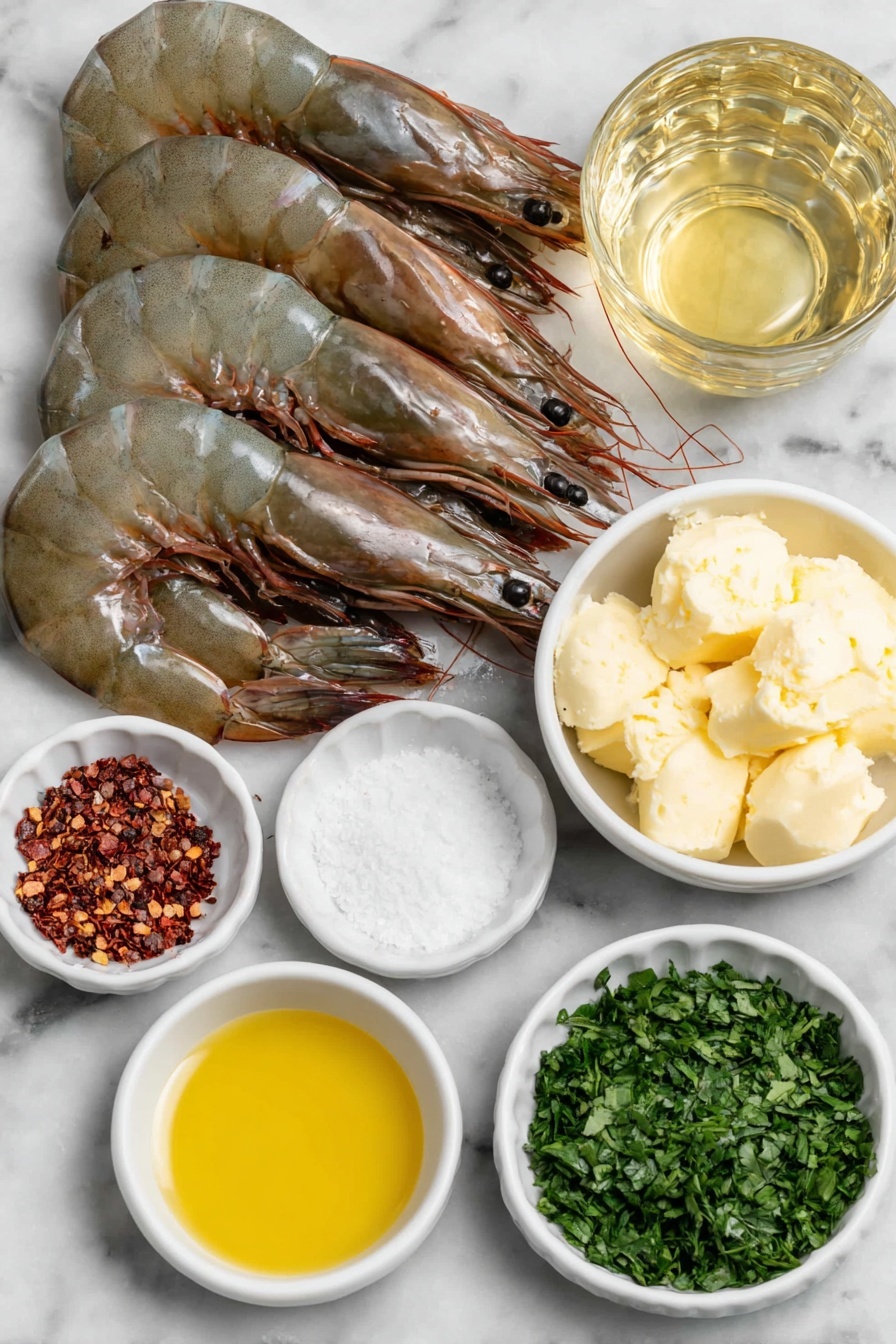 Flat lay of large raw shrimp with shells and tails, a few whole garlic cloves, two tablespoons of golden olive oil in a small white bowl, four tablespoons of creamy butter in a small white bowl, a small white bowl holding bright red crushed red pepper flakes, a small white bowl with translucent pale yellow lemon juice, a small white bowl with clear dry white wine, a small white bowl with coarse sea salt, a small white bowl with freshly cracked black pepper, a small white bowl filled with vibrant chopped fresh parsley, all arranged in perfect symmetry on a clean white marble surface, soft natural light, photo taken with an iPhone, professional food photography style, fresh ingredients, white ceramic bowls, no bottles, no duplicates, no utensils, no packaging --ar 2:3 --v 7 --p m7354615311229779997 - Garlic Butter Shrimp Scampi, easy shrimp dinner, quick seafood recipes, flavorful shrimp dish, garlic butter shrimp