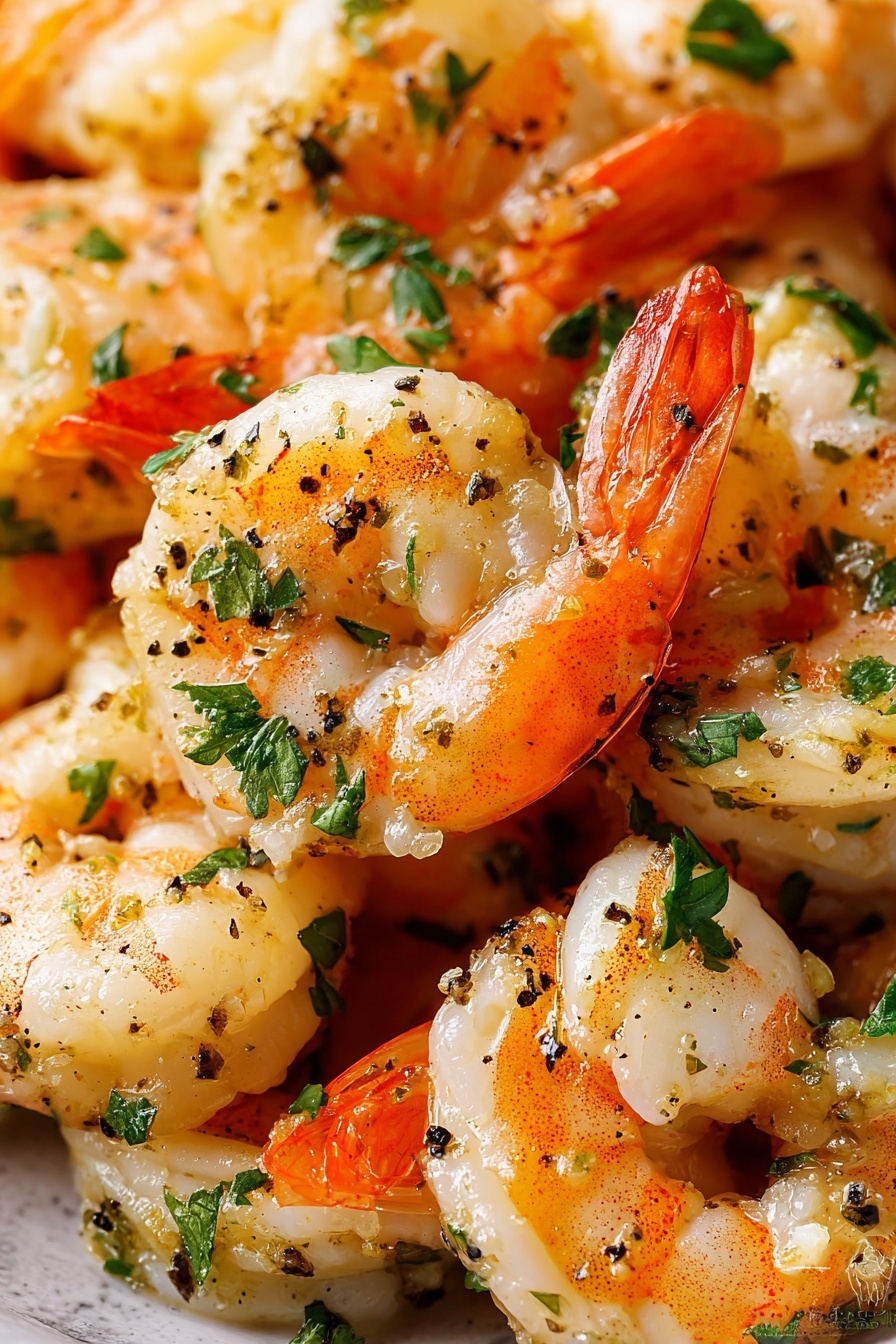 The image shows many cooked shrimp with curled bodies, their shells partly removed to reveal white and pink flesh with a soft texture. The shrimp have bright orange tails and are seasoned with small bits of black pepper and fresh green parsley scattered evenly on top. The shrimp look slightly shiny, as if coated with a light sauce or oil. The background is a close-up view, showing the shrimp piled on a white marbled surface. photo taken with an iphone --ar 2:3 --v 7 - Garlic Butter Shrimp Scampi, easy shrimp dinner, quick seafood recipes, flavorful shrimp dish, garlic butter shrimp