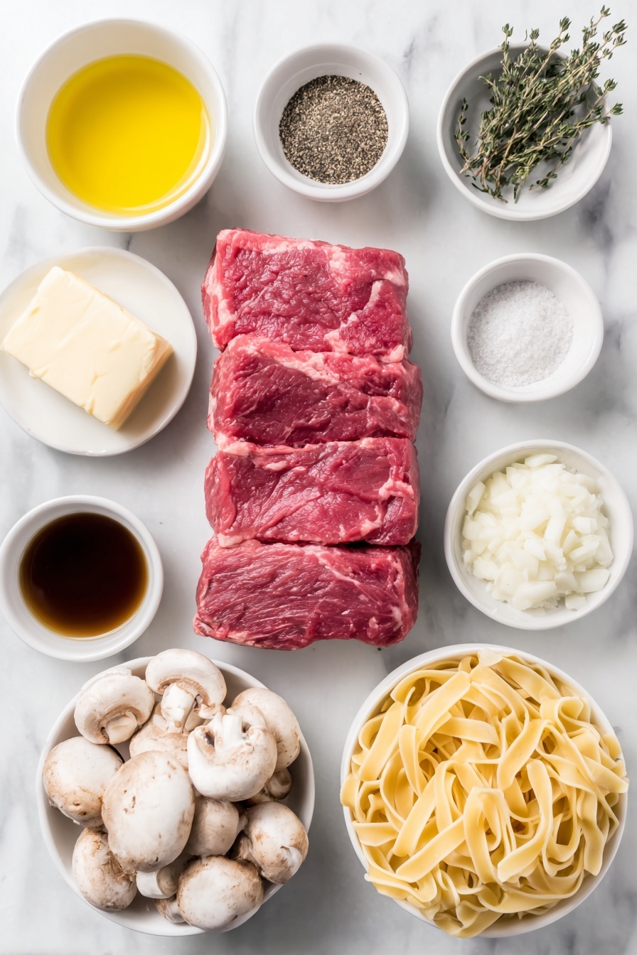 Flat lay of a thick sirloin steak cut into strips, a small pile of all-purpose flour, a few sprigs of dried thyme leaves, a small white bowl of seasoned salt, a small white bowl of black pepper, a small white bowl of olive oil, a small white bowl of salted butter, a small diced onion, a handful of white and cremini mushrooms sliced, a single clove of garlic, a small white bowl of rich beef broth, a small white bowl of Worcestershire sauce, a small white bowl of Dijon mustard, a small white bowl of creamy sour cream, a nest of uncooked egg noodles, all arranged in perfect symmetry on simple white ceramic bowls and plates, placed on a clean white marble surface, soft natural light, photo taken with an iPhone, professional food photography style, fresh ingredients, white ceramic bowls, no bottles, no duplicates, no utensils, no packaging --ar 2:3 --v 7 --p m7354615311229779997 - Easy Beef Stroganoff, beef stroganoff recipe, quick beef stroganoff, creamy mushroom beef, comfort food recipes