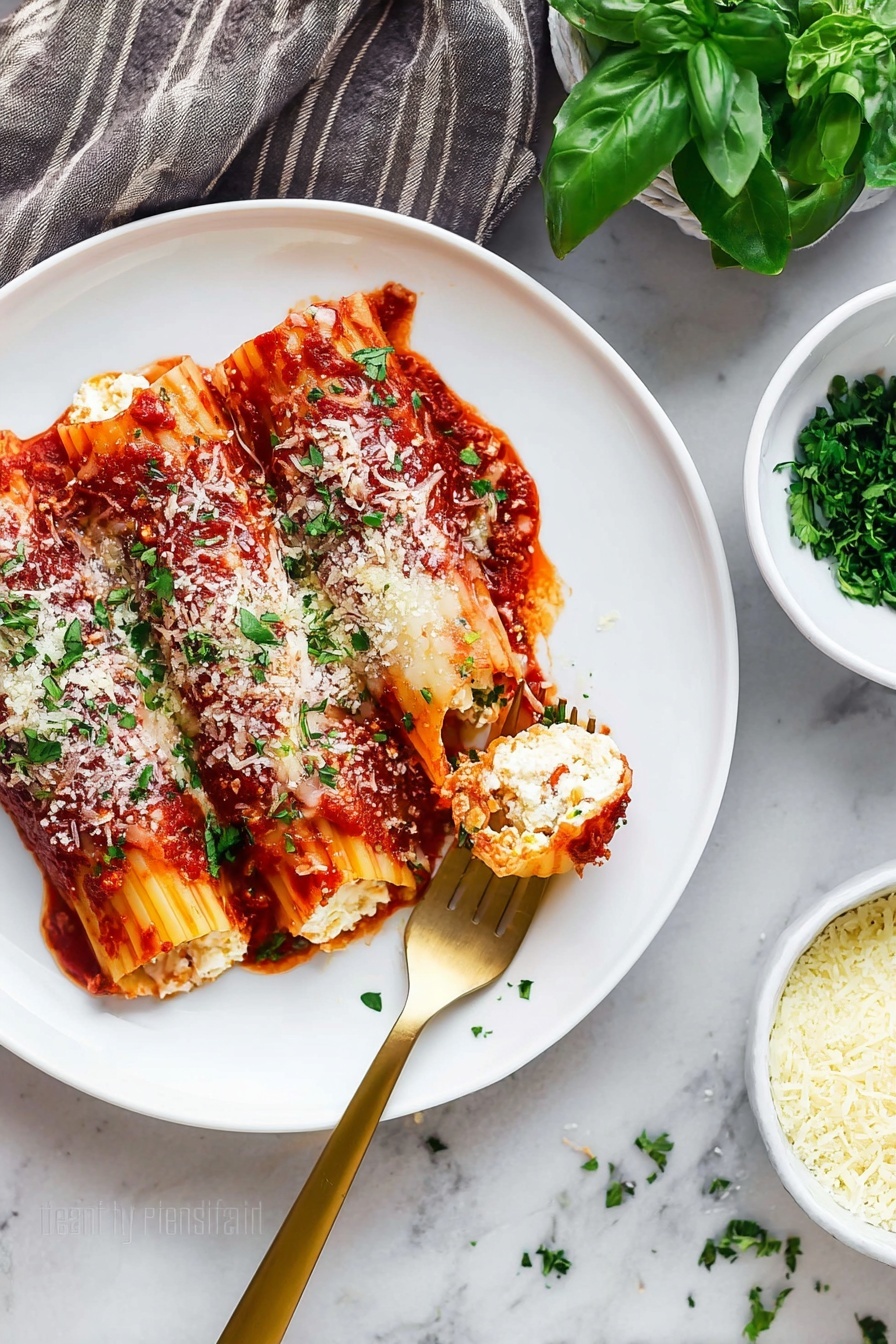 Three rolled pasta tubes filled with white ricotta cheese and topped with red tomato sauce and melted white cheese, sprinkled with green chopped parsley, sit on a white plate. A gold fork holds one pasta tube showing the filled inside. The plate rests on a white marbled surface with a white bowl of grated cheese, fresh green basil leaves, and a white bowl of chopped green parsley nearby. A gold spoon lies beside the plate. photo taken with an iphone --ar 2:3 --v 7 - Cheese Manicotti, cheese manicotti recipe, Italian cheese manicotti, baked cheese manicotti, cheesy manicotti pasta