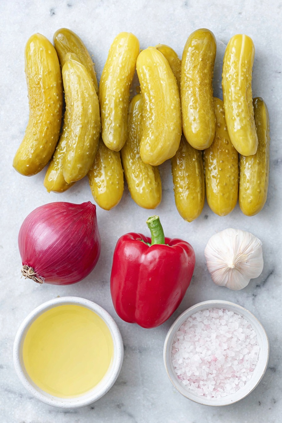 Flat lay of ten whole baby dill pickles with fresh green stems, half a sweet yellow onion with smooth bright yellow skin, one whole shiny red bell pepper, one whole vibrant green serrano pepper, a small white ceramic bowl of clear pickle brine, one uncracked garlic clove with papery white skin, and a small white ceramic bowl of coarse kosher salt, all arranged in perfect symmetry on a clean white marble surface, soft natural light, photo taken with an iPhone, professional food photography style, fresh ingredients, white ceramic bowls, no bottles, no duplicates, no utensils, no packaging --ar 2:3 --v 7 --p m7354615311229779997 - Pickle de Gallo, pickle de gallo, tangy pico de gallo, easy pickle salsa, flavorful condiment
