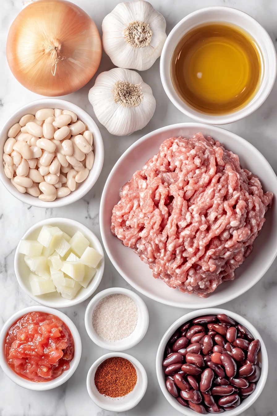 Flat lay of a small puddle of golden olive oil glistening on a simple white ceramic dish, a mound of fresh ground lean beef with a deep red color, a heap of chopped bright yellow onion pieces, a small pile of diced vibrant orange carrots, a cluster of diced light green celery stalks, three whole garlic cloves with papery white skins, a small white bowl filled with smooth red tomato sauce, a small white bowl containing rich golden chicken broth, a small white bowl of clear water, a small white bowl heaped with diced fresh red tomatoes, a tiny heap of granulated white sugar crystals, a neat stack of dried greenish basil leaves, a small amount of dried oregano flakes, a small pile of dried thyme, a pinch of dried marjoram leaves, a few grains of coarse sea salt and freshly cracked black peppercorns side by side, a small mound of dry ditalini pasta shaped like tiny short tubes, a small white bowl filled with shiny dark red kidney beans, another small white bowl with smooth white great northern beans, a neat pile of finely shredded Romano cheese, and a sprig of fresh vibrant green parsley leaves, all arranged with perfect symmetry and realistic proportions on a clean white marble surface, soft natural light, photo taken with an iPhone, professional food photography style, fresh ingredients, white ceramic bowls, no bottles, no duplicates, no utensils, no packaging --ar 2:3 --v 7 --p m7354615311229779997 - Easy Pasta e Fagioli Soup, pasta e fagioli recipe, hearty Italian soup, quick pasta e fagioli, comforting bean and pasta soup