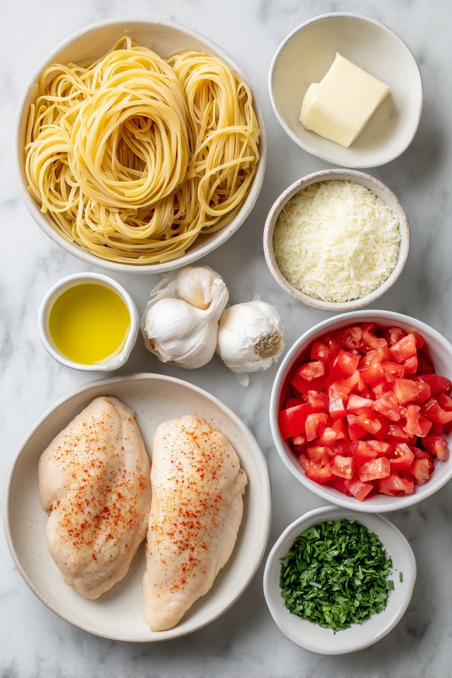 Flat lay of linguine pasta nest, two boneless skinless chicken breasts seasoned with a sprinkle of reddish Cajun seasoning, small white ceramic bowl of golden olive oil, white ceramic bowl with a chunk of unsalted butter, three whole garlic cloves, white ceramic bowl filled with diced fresh red tomatoes, white ceramic bowl of thick heavy whipping cream, white ceramic bowl with grated pale parmesan cheese, small white ceramic bowl holding finely chopped bright green parsley, all ingredients fresh and natural, arranged symmetrically and balanced placed on a clean white marble surface, soft natural light, photo taken with an iPhone, professional food photography style, fresh ingredients, white ceramic bowls, no bottles, no duplicates, no utensils, no packaging --ar 2:3 --v 7 --p m7354615311229779997 - Creamy Cajun Chicken Pasta, Cajun chicken pasta recipe, easy Cajun pasta, spicy creamy pasta, weeknight dinner ideas