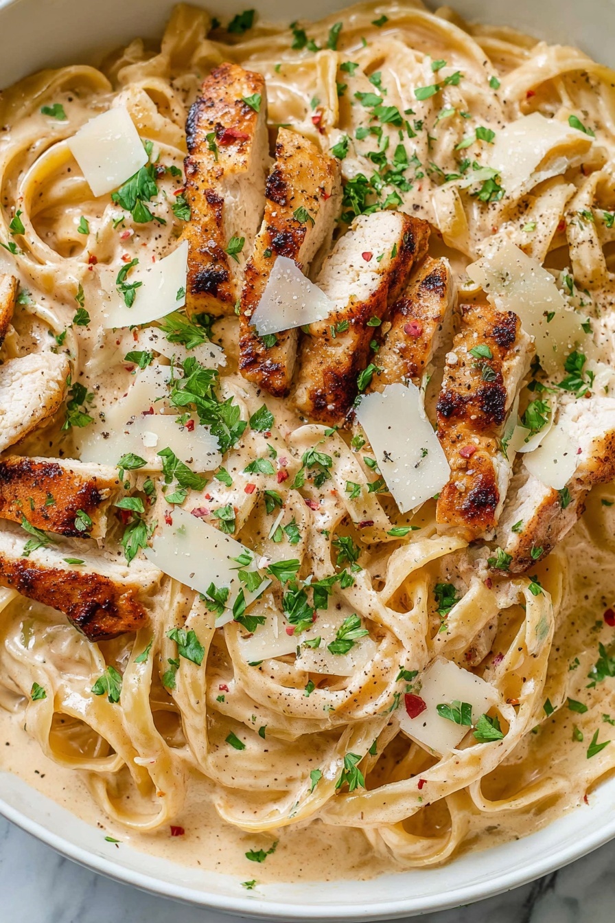 In a white skillet filled with a creamy orange sauce, there are two main layers: on the left side, slices of browned grilled chicken arranged in a neat row with a golden crust and some sprinkled green herbs on top; on the right side, three nests of pale yellow fettuccine pasta sprinkled with black pepper and small green herb pieces. Next to the skillet on a white marbled surface, there is a small clear bowl filled with grated white cheese, and two slices of bread are partially visible at the bottom left corner. photo taken with an iphone --ar 2:3 --v 7 - Creamy Cajun Chicken Pasta, Cajun chicken pasta recipe, easy Cajun pasta, spicy creamy pasta, weeknight dinner ideas