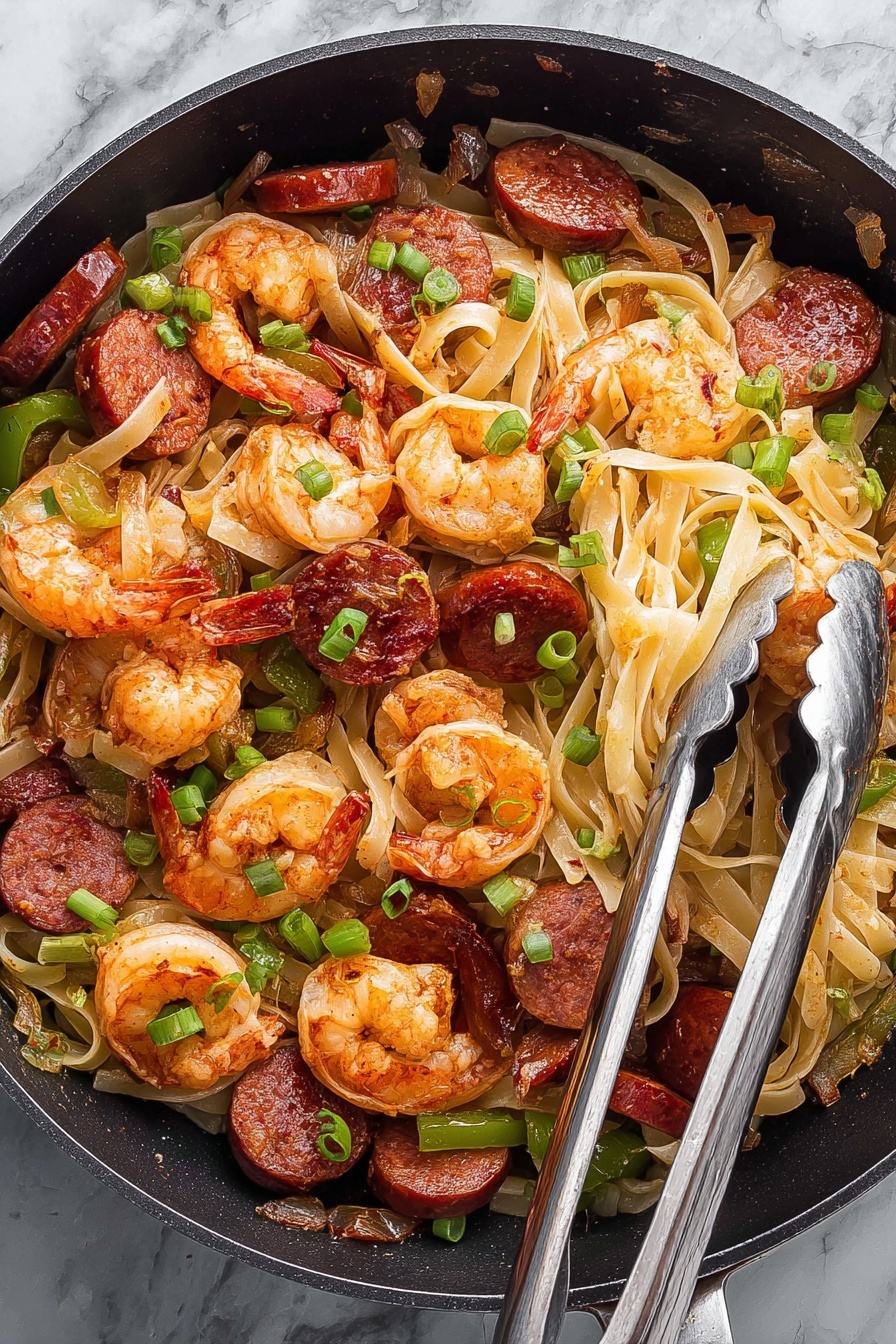 A close-up of a black plate filled with thick, creamy light yellow noodles forming the main layer. On top, there are two bright orange cooked shrimp with curled tails, slightly shiny and seasoned. Scattered among the noodles are green onion pieces with fresh, glossy leaves, and slices of reddish-brown sausage with a slightly shiny surface. A silver fork rests on the right side of the plate. The plate sits on a white marbled texture surface. Photo taken with an iphone --ar 2:3 --v 7 - Cajun Shrimp and Sausage Pasta, Cajun pasta recipe, spicy seafood pasta, creamy Cajun pasta, Southern-inspired pasta dishes