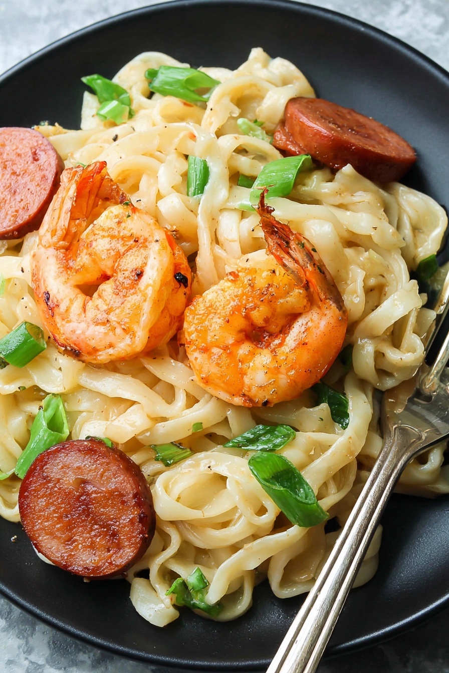 The dish shows a close-up view of a black pan filled with several layers of food, starting from a base of creamy beige flat noodles tangled together, mixed with orange-pink cooked shrimp scattered on top and throughout. There are dark red-brown sausage slices peeking through, along with chunks of light green celery and small pieces of bright green onion adding color contrast. Small black pepper specks are spread over the noodles and shrimp, giving the dish a light seasoning look. A metal utensil lifts some of the noodles from the pan's side. The background is a white marbled texture. Photo taken with an iphone --ar 2:3 --v 7 - Cajun Shrimp and Sausage Pasta, Cajun pasta recipe, spicy seafood pasta, creamy Cajun pasta, Southern-inspired pasta dishes
