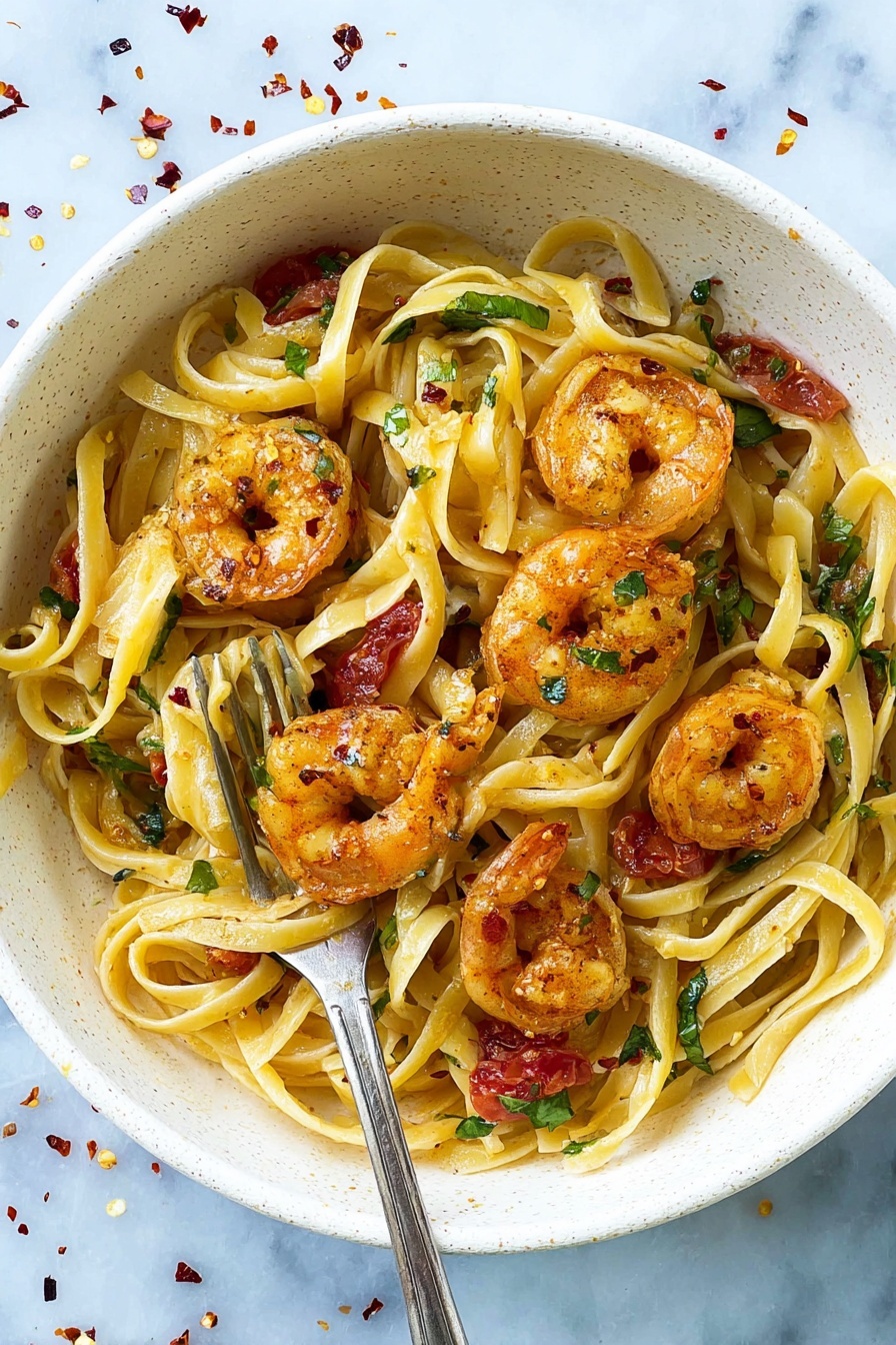 A black frying pan filled with a dish consisting of flat, pale yellow pasta noodles tossed with cooked shrimp that are orange with a slightly charred texture. The pasta is mixed with chunky red tomato sauce and garnished with small green herb pieces scattered throughout. A wooden spoon lifts a mix of the noodles, shrimp, and sauce from one side of the pan. The pan handle is wrapped with a green cloth and the scene is set on a white marbled surface with some scattered red pepper flakes. photo taken with an iphone --ar 2:3 --v 7 - Spicy Shrimp Fra Diavolo Pasta, spicy shrimp pasta, Italian-American pasta recipes, quick seafood pasta, flavorful shrimp pasta