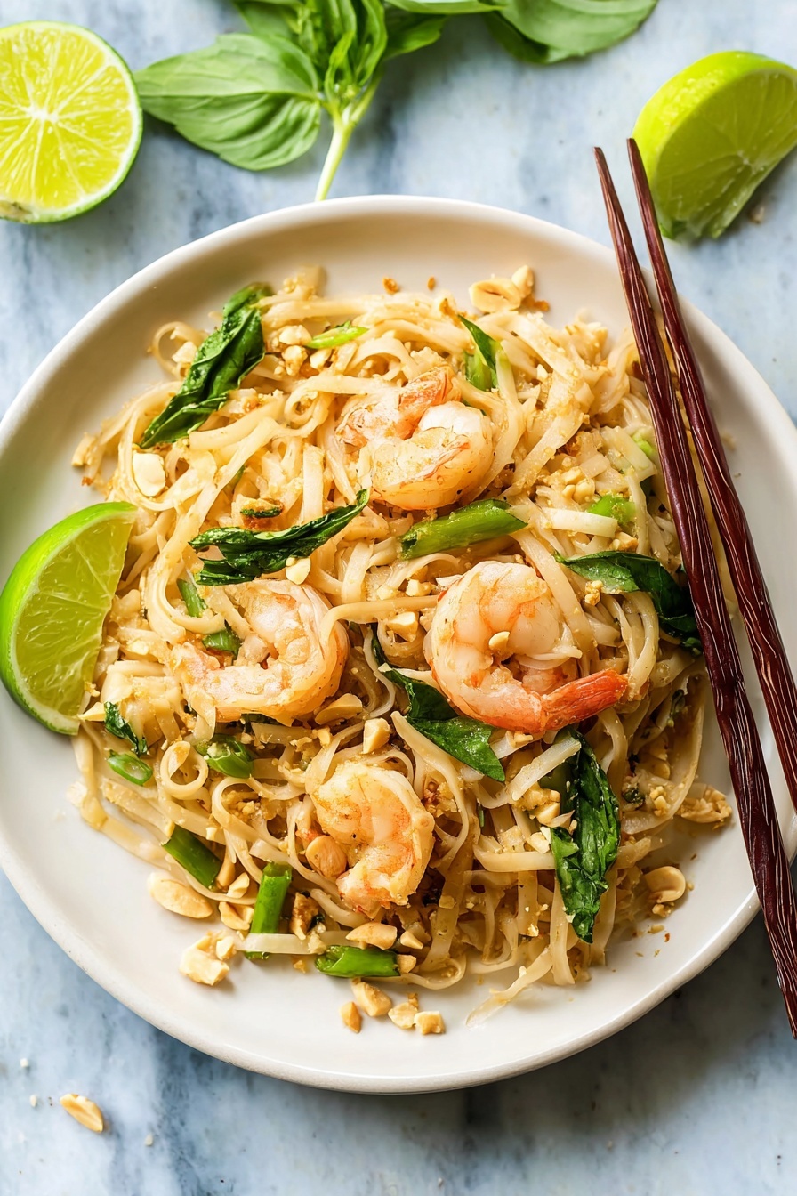 A white plate filled with stir-fried noodles as the base layer, light brown and slightly glossy, mixed with four pink-orange cooked shrimps placed evenly on top. Scattered throughout the noodles are green onion pieces and fresh green basil leaves giving contrast. On the upper left edge of the plate, a bright green lime wedge rests. Alongside the plate, wooden chopsticks with black tips are placed diagonally on the right side. There is a small white bowl filled with pale tan peanuts in the background on a white marbled surface with scattered peanut pieces around it. photo taken with an iphone --ar 2:3 --v 7 - Easy Shrimp Pad Thai,Shrimp Pad Thai,Quick Thai Pad Thai,Authentic Shrimp Pad Thai,Simple Shrimp Pad Thai