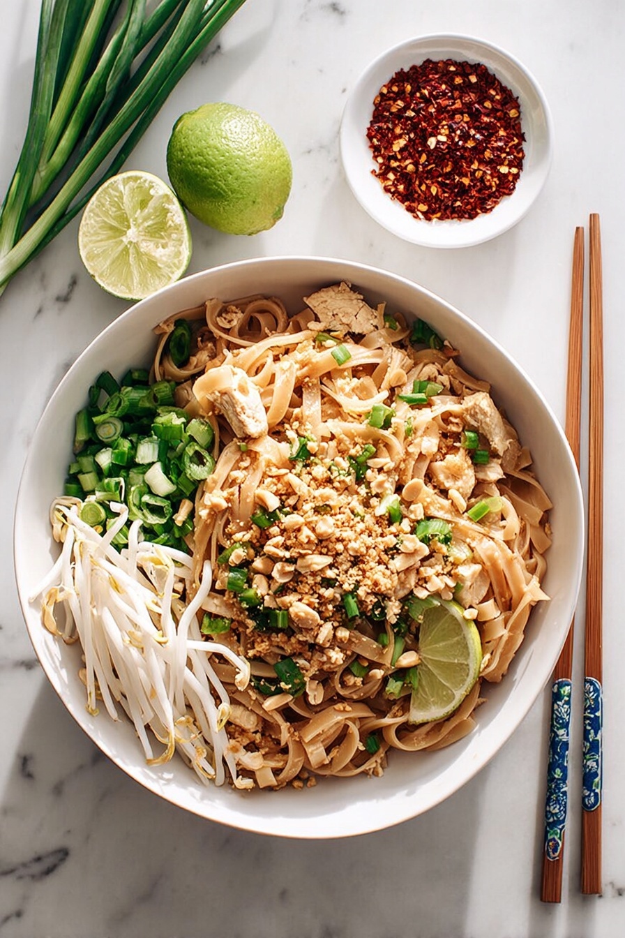 A white bowl sits on a white marbled surface filled with layers of food. The bottom layer is light brown flat noodles mixed with light brown pieces of chicken and bright green chopped scallions. On top, there are crunchy crushed peanuts sprinkled over the noodles. To one side, fresh white bean sprouts and a halved bright green lime rest. A pair of wooden chopsticks with blue decorations lie on the right side of the bowl. Near the bowl is a small white dish filled with red chili flakes. Photo taken with an iphone --ar 2:3 --v 7 - Easy Chicken Pad Thai, Chicken Pad Thai recipe, homemade Pad Thai, Thai chicken noodles, quick Pad Thai