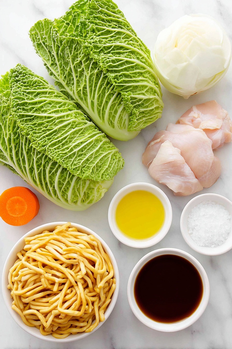 Flat lay of fresh green cabbage leaves, a quarter of a peeled white onion wedge, a small orange carrot with its bottom end visible, a raw boneless skinless chicken thigh, a few pinches of coarse kosher salt crystals, a few cracks of freshly ground black pepper, a small white ceramic bowl of golden neutral oil, a neat nest of pale yellow yakisoba noodles, a small white ceramic bowl filled with glossy brown yakisoba sauce, all arranged in perfect symmetry on a clean white marble surface, soft natural light, photo taken with an iPhone, professional food photography style, fresh ingredients, white ceramic bowls, no bottles, no duplicates, no utensils, no packaging --ar 2:3 --v 7 --p m7354615311229779997 - Easy Chicken Yakisoba Stir-Fry, Chicken Yakisoba recipe, Japanese stir-fry, quick chicken dinner, savory yakisoba dish