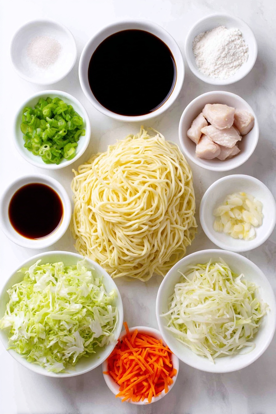 Flat lay of fresh lo mein egg noodles coiled loosely, raw boneless skinless chicken thighs cut into thin strips, a small mound of cornstarch powder in a white ceramic bowl, a small white bowl of water, a small white bowl with clear cooking oil, a small white bowl of dark oyster sauce, a small white bowl of hot water, a few loose grains of salt and sugar beside a small white bowl of light soy sauce, a small white bowl of dark soy sauce, a small white bowl holding sesame oil, a white bowl with finely ground white pepper, one peeled garlic clove, finely minced garlic pile, shredded fresh cabbage heap, two medium carrots julienned, a small white bowl with Shaoxing wine, a pile of fresh mung bean sprouts, two scallions julienned with bright green and white parts visible, all arranged symmetrically on a clean white marble surface, soft natural light, photo taken with an iPhone, professional food photography style, fresh ingredients, white ceramic bowls, no bottles, no duplicates, no utensils, no packaging --ar 2:3 --v 7 --p m7354615311229779997 - Restaurant-Style Chicken Lo Mein, chicken lo mein recipe, Chinese chicken noodle stir-fry, homemade lo mein with chicken, easy Chinese chicken lo mein