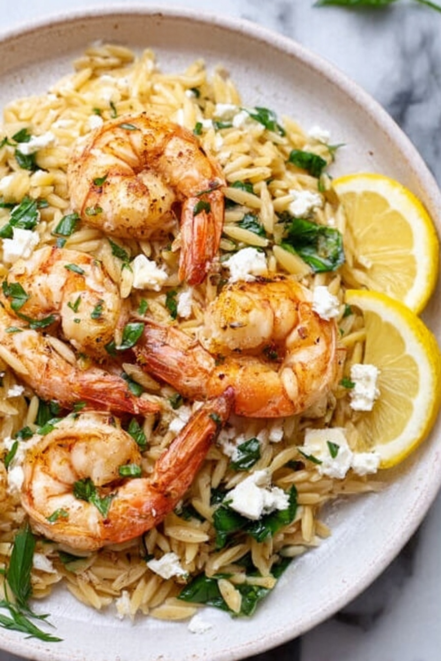 A white plate shows a dish with three large cooked shrimp arranged on top of a bed of orzo pasta. The orzo is light golden, mixed with fresh green herbs scattered around. Small white crumbles of cheese are placed evenly across the shrimp and pasta. Two thin lemon slices are visible on the side of the plate. The background is a white marbled surface. photo taken with an iphone --ar 2:3 --v 7 - Shrimp and Feta Orzo, shrimp feta pasta, easy shrimp orzo, lemon shrimp pasta, quick seafood dinner