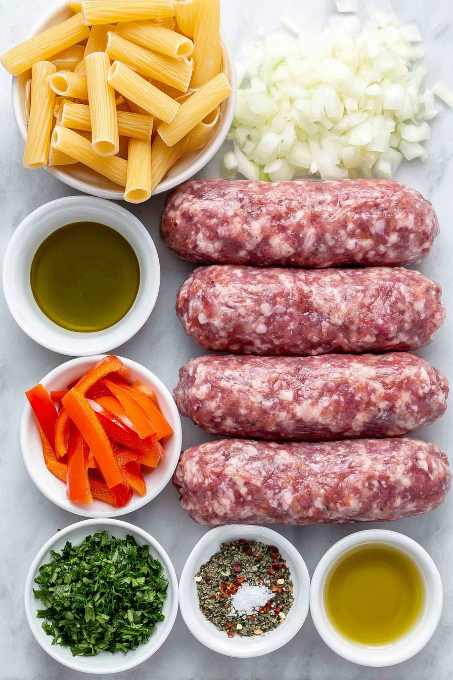 Flat lay of ziti pasta in a neat pile, a few sweet Italian sausages with their casings removed showing the coarse, fresh texture of the meat, three medium-sized bell peppers sliced into 2-inch-long pieces in varied vibrant colors, a handful of chopped onion pieces, four large cloves of garlic chopped finely, a small white bowl of olive oil, a small white bowl of crushed tomatoes, a small white bowl of balsamic vinegar, a small white bowl containing dried oregano, a small white bowl with red pepper flakes, a small white bowl holding kosher salt, and a small pile of fresh chopped parsley, all arranged symmetrically on a simple white ceramic backdrop, placed on a clean white marble surface, soft natural light, photo taken with an iPhone, professional food photography style, fresh ingredients, white ceramic bowls, no bottles, no duplicates, no utensils, no packaging --ar 2:3 --v 7 --p m7354615311229779997 - Italian Sausage and Peppers Pasta, Italian sausage pasta, sausage and peppers pasta, quick Italian pasta recipe, hearty sausage pasta