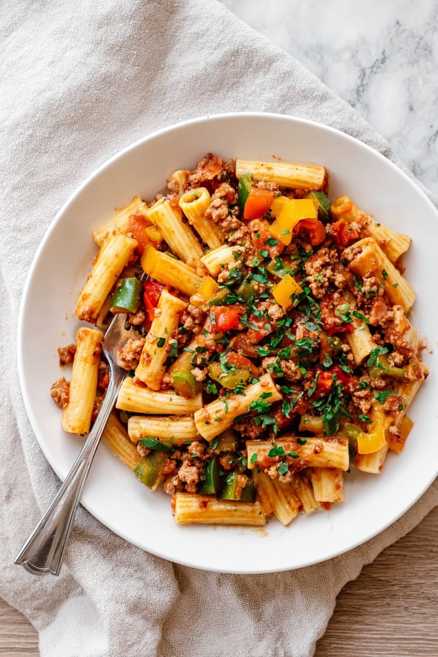 A white plate filled with pasta tubes mixed with chunks of red, green, and yellow bell peppers, and bits of cooked ground meat in a light tomato sauce. The pasta and vegetables are evenly mixed with sprinkled chopped green herbs over the top. A silver fork rests partially inside the pasta on the left side. The plate is set on a light beige cloth on a white marbled surface. photo taken with an iphone --ar 2:3 --v 7 - Italian Sausage and Peppers Pasta, Italian sausage pasta, sausage and peppers pasta, quick Italian pasta recipe, hearty sausage pasta