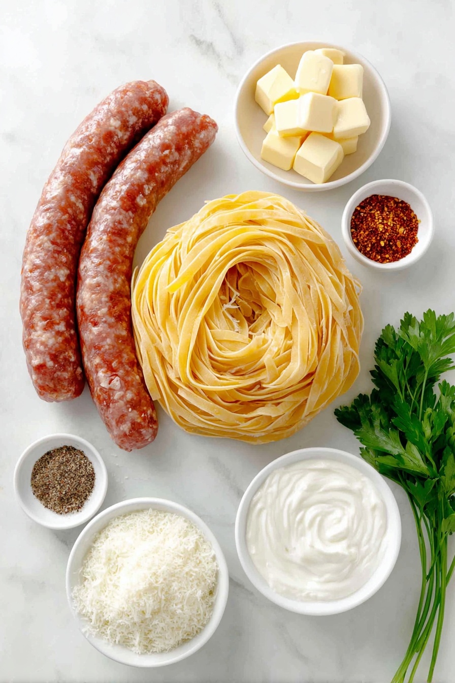 Flat lay of fresh uncooked fettuccine pasta nest, a whole ring of smoked sausage, a small white ceramic bowl of golden unsalted butter cubes, a small white ceramic bowl filled with thick heavy whipping cream, a small white ceramic bowl with minced garlic, a small white ceramic bowl containing reddish-brown Cajun seasoning powder, a small white ceramic bowl with coarse kosher salt, a small white ceramic bowl with ground black pepper, a small white ceramic bowl with crushed red pepper flakes, a small white ceramic bowl heaped with grated parmesan cheese, a few sprigs of fresh bright green parsley, all perfectly arranged with balanced proportions and symmetry, placed on a clean white marble surface, soft natural light, photo taken with an iPhone, professional food photography style, fresh ingredients, white ceramic bowls, no bottles, no duplicates, no utensils, no packaging --ar 2:3 --v 7 --p m7354615311229779997 - Smoked Sausage Cajun Alfredo Pasta, creamy Cajun pasta, smoky sausage pasta, quick Cajun Alfredo, indulgent sausage pasta