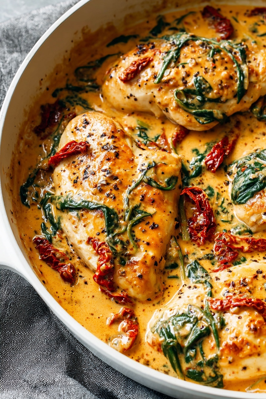 In a white pan, four thick chicken pieces sit, each covered in a creamy orange sauce speckled with black pepper. The sauce is smooth and rich with visible pieces of wilted dark green spinach and deep red sun-dried tomatoes scattered over and around the chicken. The chicken has a light sear with a slightly golden-brown color at the edges. The pan rests on a grey textured cloth, and the close-up view captures the creamy texture and vibrant colors clearly. photo taken with an iphone --ar 2:3 --v 7 - Creamy Tuscan Chicken Skillet, Tuscan chicken with sun-dried tomatoes and spinach, easy creamy chicken dinner, weeknight chicken meals, Italian chicken skillet