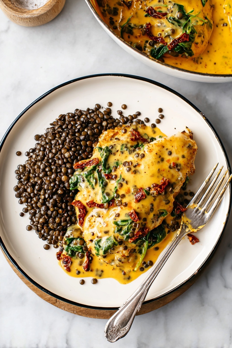 A white plate with a black rim holds a serving of dark brown lentils on the left side, appearing small and round with a glossy texture. On the right side of the plate, there is a piece of cooked chicken covered in a thick yellow-orange creamy sauce with visible sun-dried tomato strips and small wilted green leafy spinach bits mixed in. The sauce looks smooth and rich, coated fully over the chicken. Beside the plate, there is a silver fork with some sauce on its prongs resting on the right edge, and a silver knife is placed next to the fork, both set on a white marbled surface. The top left corner shows a portion of a white pot filled with more of the yellow-orange sauce with sun-dried tomato pieces and spinach, partly visible. photo taken with an iphone --ar 2:3 --v 7 - Creamy Tuscan Chicken Skillet, Tuscan chicken with sun-dried tomatoes and spinach, easy creamy chicken dinner, weeknight chicken meals, Italian chicken skillet
