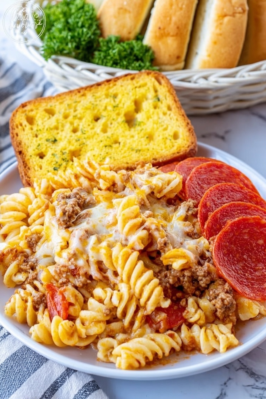 The image shows a close-up of a white plate with a pasta dish made of three main layers: at the bottom, there are spiral rotini pasta with a light yellow color and a soft texture; the middle layer has crumbled cooked ground meat mixed with some melted cheese, showing a beige and light brown tone; the top layer is mainly slices of bright red pepperoni scattered over the pasta and meat, partially covered by more melted cheese with a creamy white color. There is also a yellow, round garlic bread piece placed behind the pasta on the plate. The plate sits on a white marbled surface. photo taken with an iphone --ar 2:3 --v 7 - Baked Pizza Pasta, easy baked pasta recipes, cheesy pizza pasta bake, weeknight dinner ideas, hearty Italian pasta dish