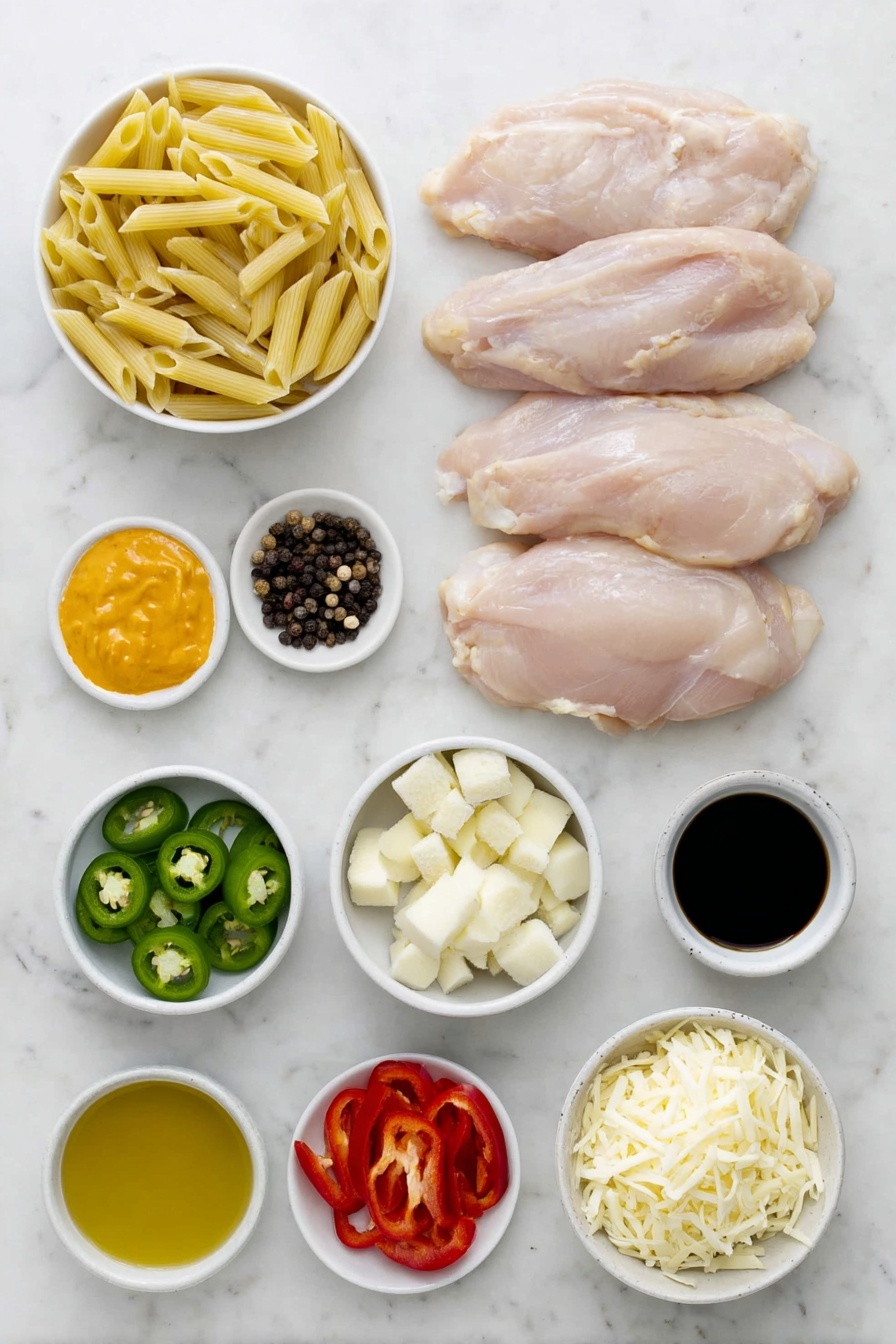 Flat lay of penne pasta arranged neatly next to three whole uncracked chicken breasts, a small white ceramic bowl of sunflower oil, a white bowl with a mound of Cajun spice mix, a small pile of whole black peppercorns, one crumbled chicken stock cube beside them, two peeled garlic cloves, one peeled and sliced onion, one red pepper sliced into strips, one yellow pepper sliced into strips, two sliced green jalapeno peppers, a small bunch of roughly chopped spring onions, a small white bowl filled with bright orange hot pepper sauce, a small white bowl with Worcestershire sauce, a small white bowl containing cider vinegar, a small white bowl holding double cream, a white bowl with grated parmesan cheese, and one additional sliced jalapeno arranged in perfect symmetry, all fresh and natural, placed on a clean white marble surface, soft natural light, photo taken with an iPhone, professional food photography style, fresh ingredients, white ceramic bowls, no bottles, no duplicates, no utensils, no packaging --ar 2:3 --v 7 --p m7354615311229779997 - Buffalo Chicken Pasta, spicy pasta recipes, quick weeknight dinners, creamy buffalo chicken pasta, easy pasta with buffalo sauce