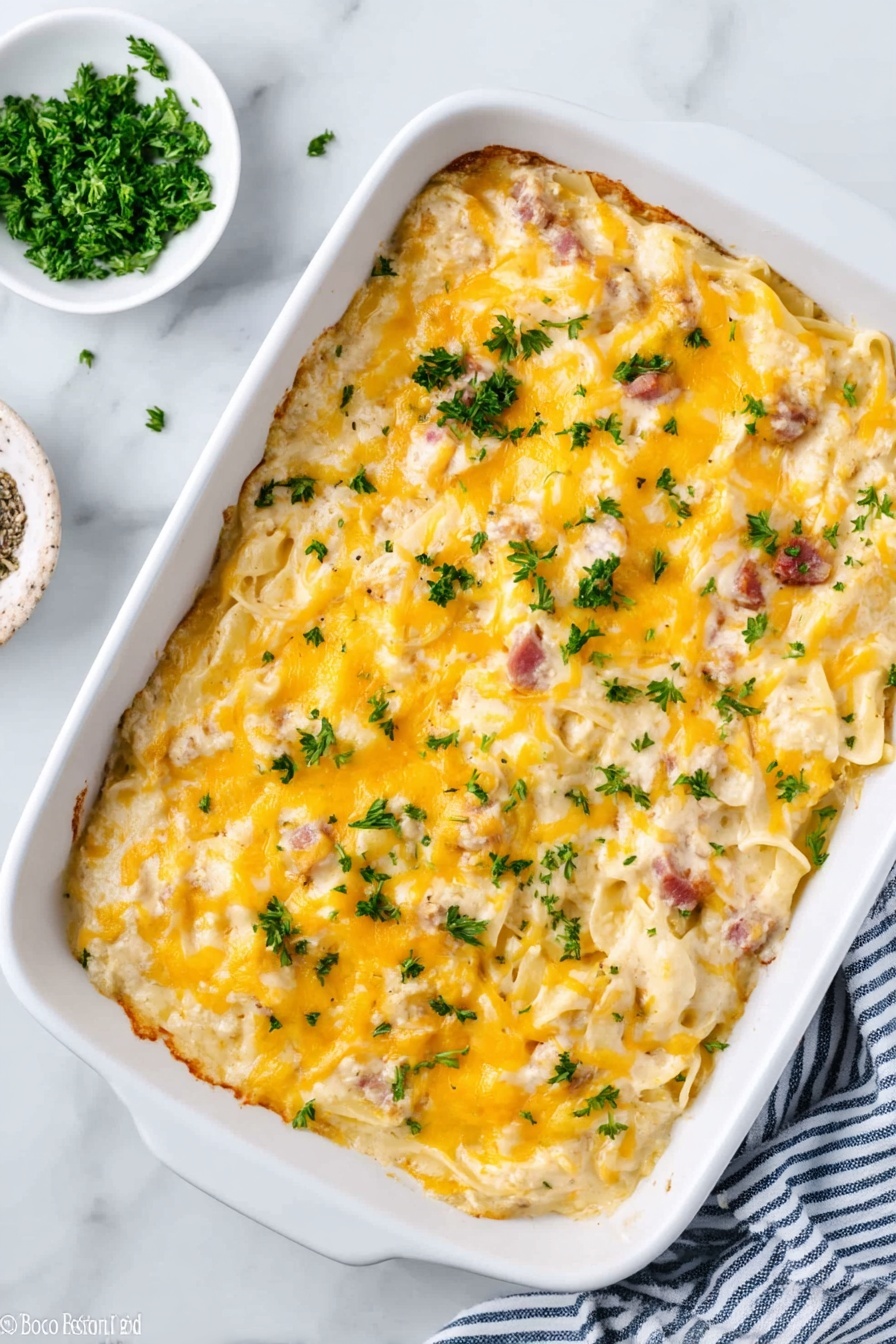 In the image, there is a white rectangular baking dish filled with creamy pasta that has a thick layer of melted yellow cheese on top. The pasta is visible under the cheese, showing a mix of white noodles and small pieces of light brown and pinkish ingredients, likely meat. Fresh green herbs are sprinkled over the cheese, adding a touch of color. The dish sits on a white marbled surface, with a small white bowl of chopped green herbs placed to the side and a blue and white striped cloth nearby. The top of the pasta has a slightly shiny texture from the cheese. Photo taken with an iphone --ar 2:3 --v 7 - Cheesy Chicken Spaghetti Bake, chicken spaghetti casserole, cheesy chicken pasta, easy chicken bake, family dinner recipes