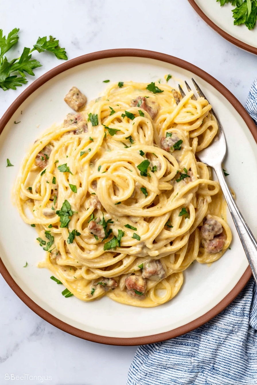 A white round plate with a brown rim holds creamy pasta with a thick light yellow sauce. The pasta strands are long and twisted, mixed with small chunks of light brown meat and garnished with fresh green parsley leaves scattered on top. A silver fork is placed on the right side of the plate, partially covered by pasta. The plate rests on a white marbled surface, with a blue and white striped cloth folded nearby. Photo taken with an iphone --ar 2:3 --v 7 - Cheesy Chicken Spaghetti Bake, chicken spaghetti casserole, cheesy chicken pasta, easy chicken bake, family dinner recipes