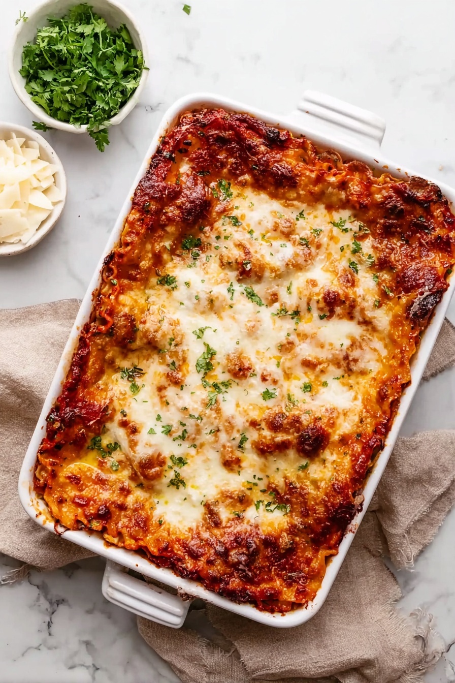 A close-up of a square white baking dish filled with a baked spaghetti casserole. The casserole has three visible layers: a bottom layer of pasta mixed with ground meat and tomato sauce in red and brown tones, a middle layer showing more pasta and sauce with bits of vegetables, and a top layer covered in melted golden-brown cheese. A portion is being lifted with a utensil held by a woman's hand, showing the thick, mixed texture of pasta, meat, sauce, and cheese with a slightly crispy top edge. The background is a simple soft beige, and the dish rests on a white marbled surface photo taken with an iphone --ar 2:3 --v 7 - Baked Spaghetti with Sausage and Cheese, comforting baked pasta with sausage, cheesy casserole spaghetti, family-friendly baked spaghetti, savory sausage pasta bake