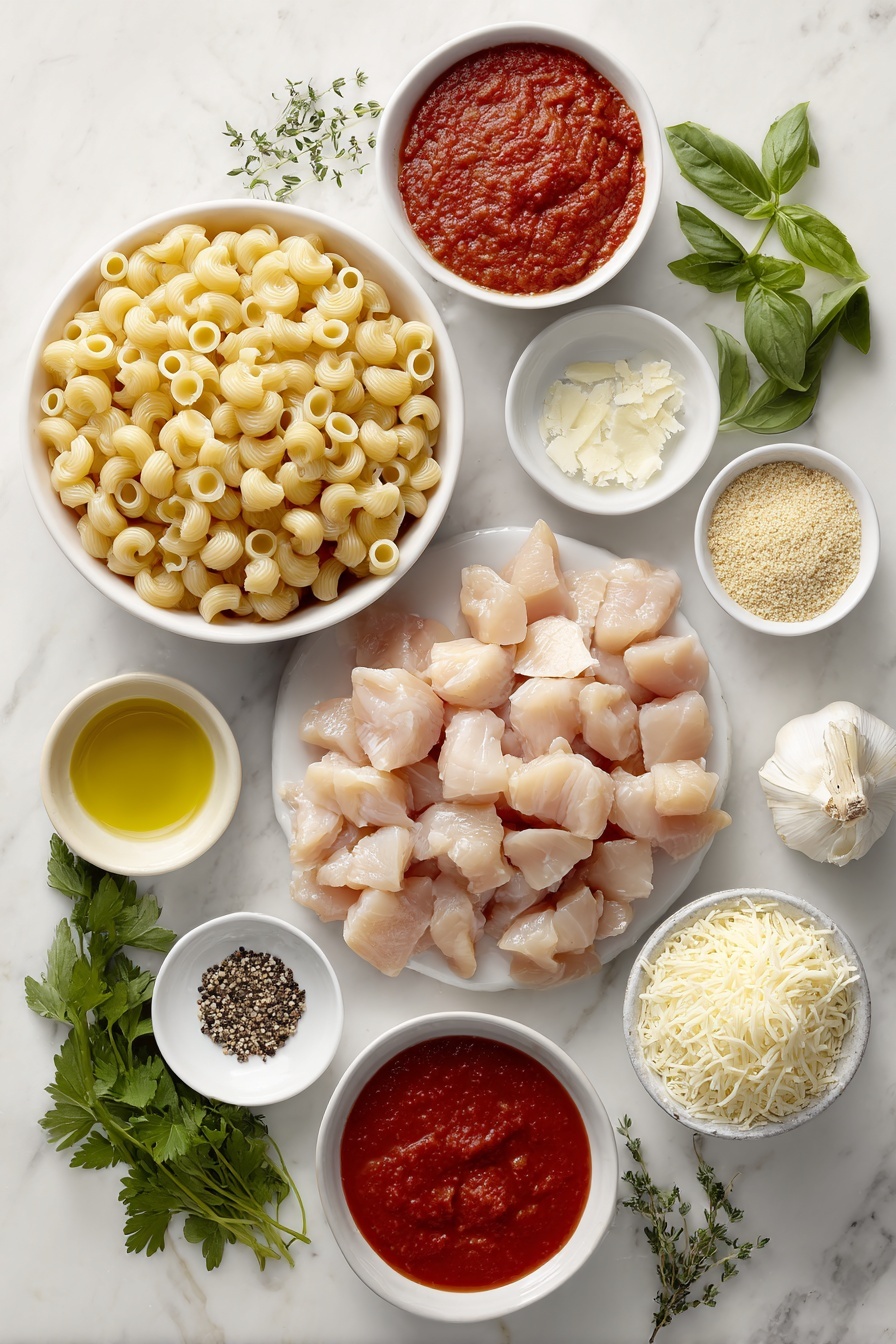 Flat lay of boneless skinless chicken breasts cut into chunks, a small mound of penne pasta, a small white bowl of olive oil, a small white bowl of minced garlic, a small white bowl of red marinara sauce, a small white bowl of shredded mozzarella cheese, a small white bowl of shredded parmesan cheese, a small white bowl of Italian style breadcrumbs, a small white bowl of melted butter, a small white bowl of Italian seasoning powder, a few whole garlic cloves, a few fresh parsley leaves, a few fresh basil leaves, a few fresh thyme sprigs, a small pile of whole black peppercorns, all arranged with perfect symmetry on a clean white marble surface, soft natural light, photo taken with an iPhone, professional food photography style, fresh ingredients, white ceramic bowls, no bottles, no duplicates, no utensils, no packaging --ar 2:3 --v 7 --p m7354615311229779997 - One-Pot Chicken Parmesan Pasta, easy chicken pasta dinner, cheesy one-pot pasta, quick Italian comfort food, weeknight chicken pasta
