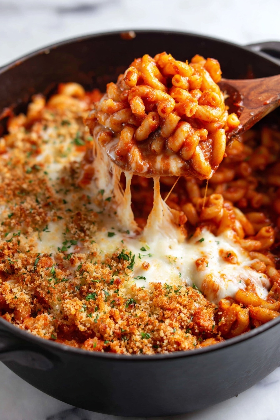 A close-up view of a black pot filled with three main layers: a base layer of orange-red cooked elbow pasta covered in thick tomato sauce, a middle layer of melted white cheese which is stringy and soft, and a top layer of golden brown breadcrumb topping sprinkled with tiny bits of green herbs. The dish is being scooped by a wooden spoon from the right side, lifting a mix of all layers, showing the melty cheese stretching. The pot rests on a white marbled surface. photo taken with an iphone --ar 2:3 --v 7 - One-Pot Chicken Parmesan Pasta, easy chicken pasta dinner, cheesy one-pot pasta, quick Italian comfort food, weeknight chicken pasta