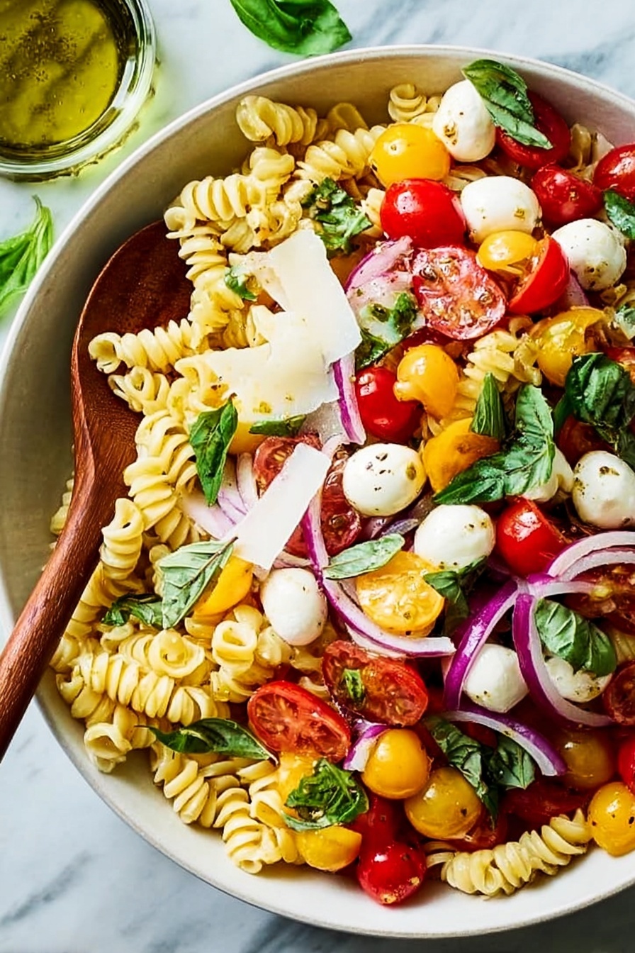 In a clear glass mixing bowl, there are five main layers: bright yellow curly pasta spirals on top, bright red halved cherry tomatoes to one side, fresh dark green basil leaves at the bottom, thinly sliced light purple red onions on the opposite side, and small white mozzarella balls scattered between the onions and tomatoes. Two wooden spoons are mixed gently by two woman's hands at the edge of the bowl. Around the bowl on a white marbled surface are a yellow lemon squeezer, a clear glass bottle with olive oil, and some fresh basil leaves. The overall colors are bright and fresh, and the textures range from smooth and soft to crisp and leafy. Photo taken with an iphone --ar 2:3 --v 7 - Caprese Pasta Salad with Cherry Tomatoes, cherry tomato pasta salad, summer pasta salad, easy Caprese pasta recipe, fresh Italian pasta salad