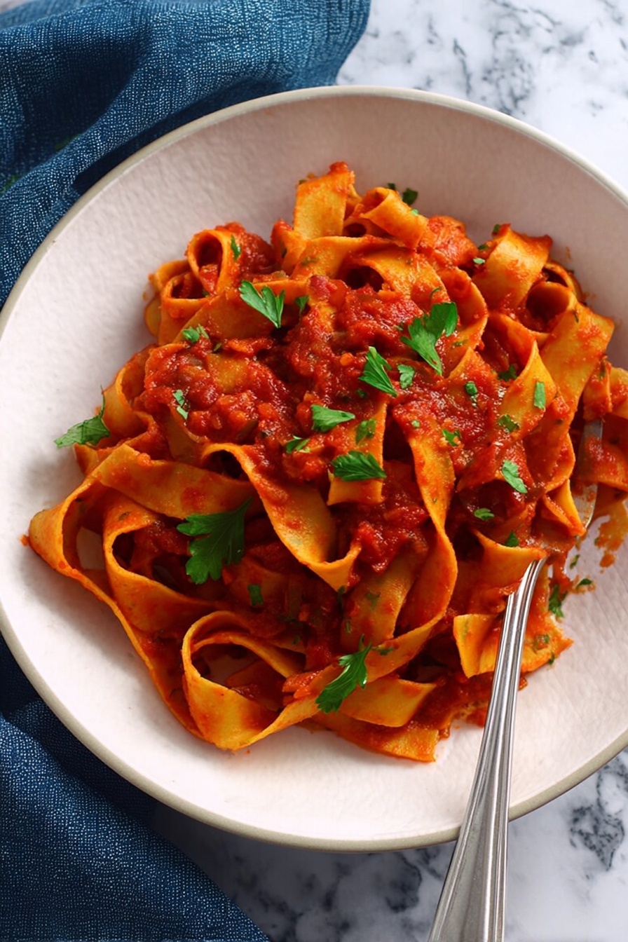 A white bowl holds wide, flat pasta ribbons twisted and layered, covered in a rich red tomato-based sauce with a chunky texture. Fresh green parsley leaves are scattered on top, adding a bright contrast. A silver fork rests at the edge of the bowl. The background is a white marbled surface with a dark blue cloth peeking in the corner. Photo taken with an iphone --ar 2:3 --v 7 - Slow Cooker Pappardelle Bolognese, easy slow cooker pasta, hearty Italian slow cooker recipe, flavorful Bolognese sauce, beginner-friendly pasta recipe