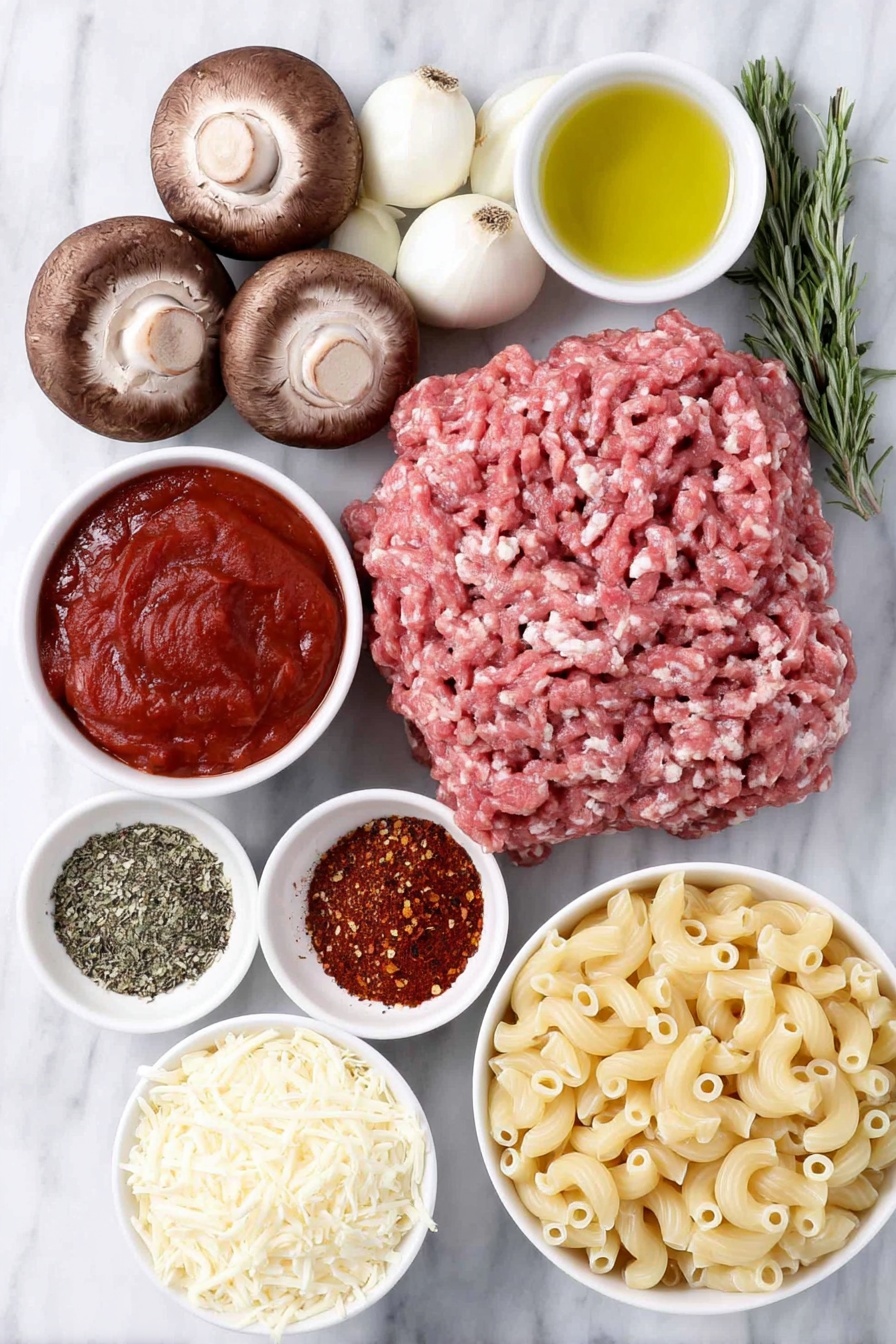 Flat lay of fresh whole brown mushrooms, a small white bowl of golden olive oil, a large chopped yellow onion, five peeled garlic cloves, a finely chopped red bell pepper, raw lean ground beef in a natural pink tone, a whole plum tomatoes cluster with one cut open to reveal juicy interior, a small white bowl filled with thick deep red tomato paste, dried oregano sprigs, scattered crushed red pepper flakes, freshly ground black peppercorns, uncooked elbow macaroni pasta, two generous handfuls of grated sharp cheddar cheese, and a smaller handful of grated pale Parmesan cheese, all arranged symmetrically on simple white ceramic bowls and plates placed on a clean white marble surface, soft natural light, photo taken with an iPhone, professional food photography style, fresh ingredients, white ceramic bowls, no bottles, no duplicates, no utensils, no packaging --ar 2:3 --v 7 --p m7354615311229779997 - Chuck Roast Recipe, hearty beef dinner, slow cooker chuck roast, tender beef recipes, comfort food ideas