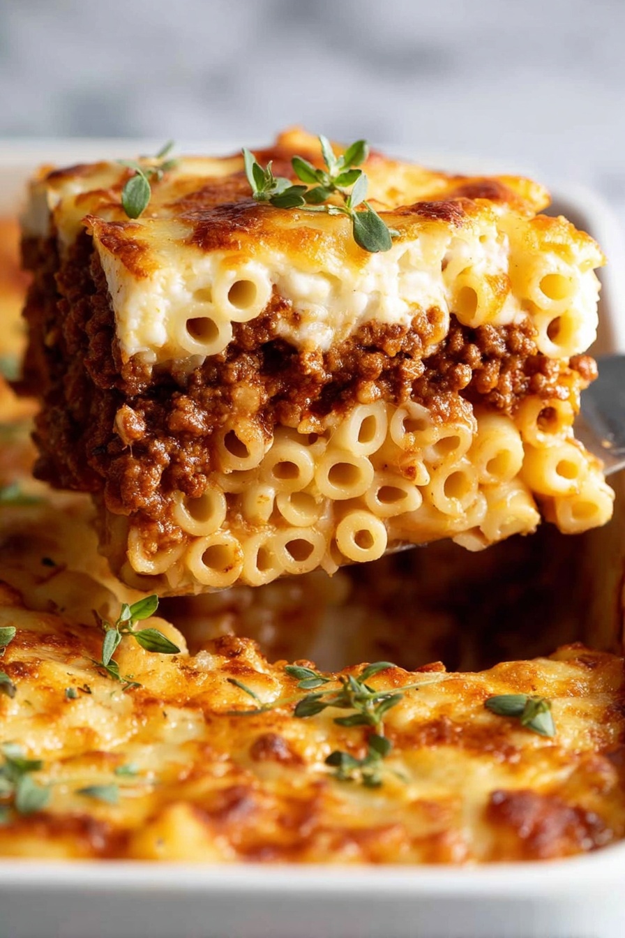 A close-up view of a slice of baked pasta being lifted, showing three layers: the bottom layer has light yellow macaroni noodles, the middle layer is rich brown cooked ground meat sauce, and the top layer has a golden browned melted cheese crust with small green herb leaves on top. The dish is in a white baking pan on a white marbled surface. Photo taken with an iphone --ar 2:3 --v 7 - Greek Pastitsio Meat Sauce, Greek Pastitsio, Pastitsio with Meat Sauce, Greek Casserole Recipe, Béchamel Pasta Bake