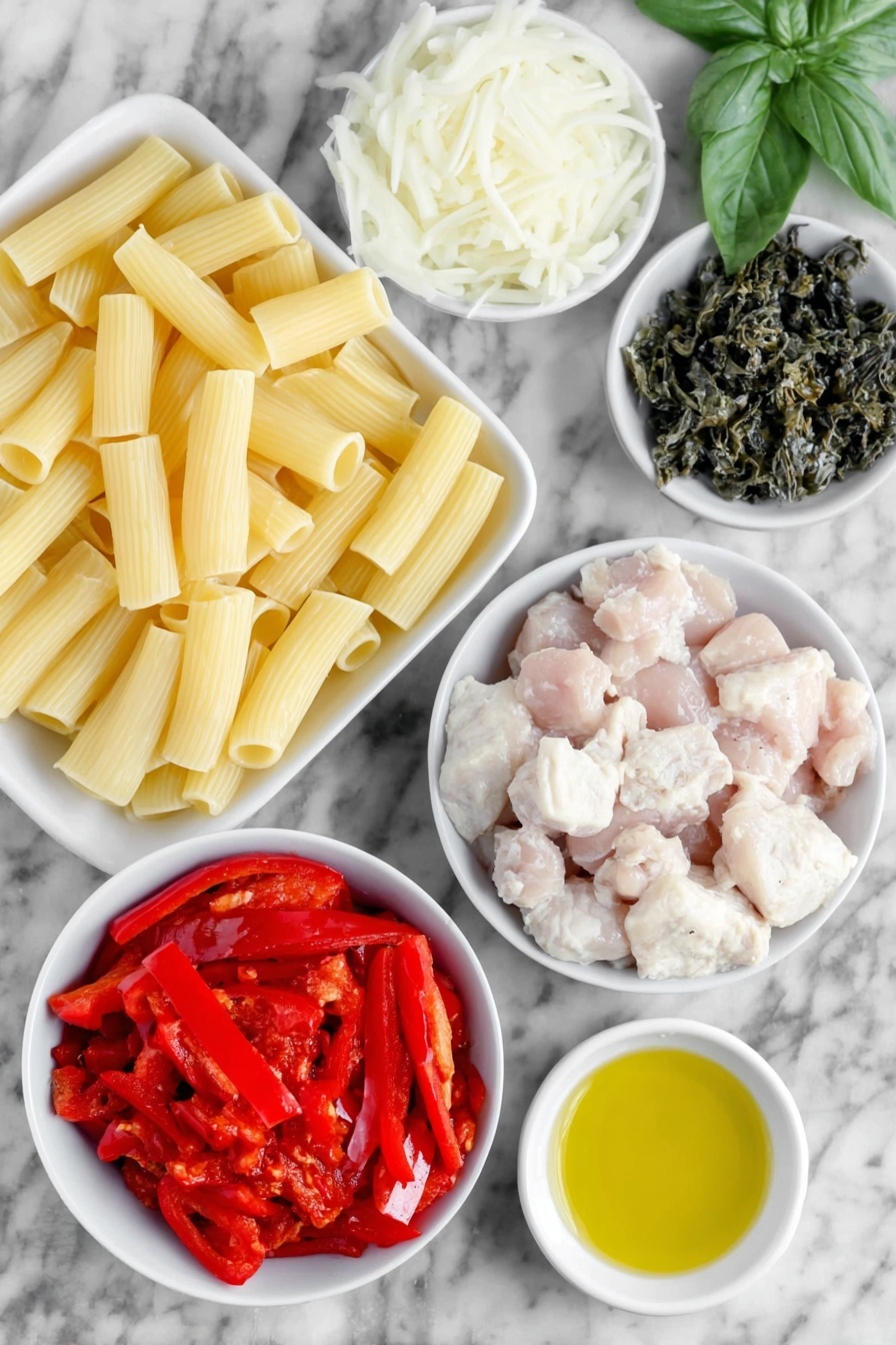 Flat lay of a small pile of uncooked rigatoni pasta with ridges, a few raw boneless skinless chicken thighs diced into cubes, a whole red bell pepper sliced into strips, a diced white onion, three peeled garlic cloves chopped finely, a small white ceramic bowl with bright red pickled cherry peppers, another small white bowl filled with a creamy off-white liquid representing heavy cream, a small white bowl containing fire-roasted crushed tomatoes with visible charred bits, a small white bowl holding golden olive oil, a few fresh bright green basil leaves scattered, and a small mound of finely grated pale yellow parmesan cheese, all placed on a clean white marble surface, soft natural light, photo taken with an iPhone, professional food photography style, fresh ingredients, white ceramic bowls, no bottles, no duplicates, no utensils, no packaging --ar 2:3 --v 7 --p m7354615311229779997 - Spicy Chicken Riggies, Chicken Riggies recipe, upstate New York pasta, spicy chicken pasta, crowd-pleasing rigatoni dish