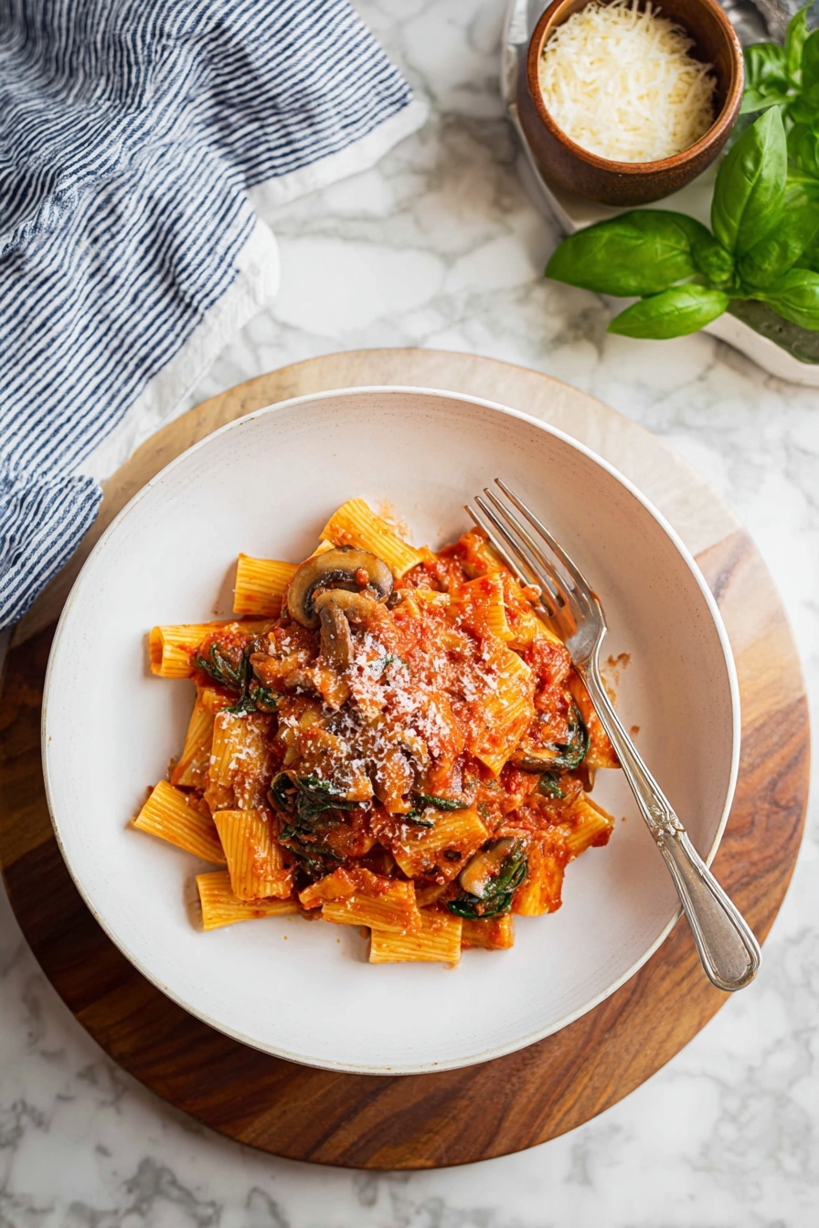 A white plate sits on a wooden board atop a white marbled surface, filled with a serving of rigatoni pasta covered in thick red tomato sauce mixed with pieces of mushrooms and green spinach leaves. The pasta is topped with a light sprinkle of grated cheese and a silver fork rests beside the pasta on the plate’s right side. In the background, there is a small brown bowl filled with grated cheese and fresh green basil leaves nearby, with a blue and white striped cloth partially visible on the left side. Photo taken with an iphone --ar 2:3 --v 7 - Spicy Chicken Riggies, Chicken Riggies recipe, upstate New York pasta, spicy chicken pasta, crowd-pleasing rigatoni dish