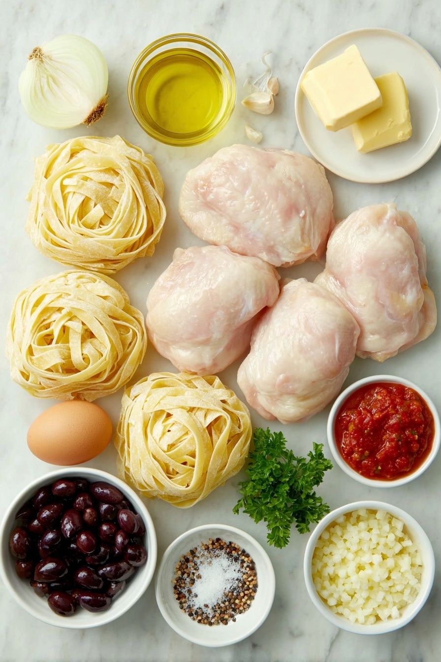 Flat lay of fresh pappardelle pasta nests, several plump boneless skinless chicken thighs with smooth skin, a small white bowl of golden olive oil, cubed pale yellow butter on a white ceramic plate, a sliced large white onion, a sliced large red bell pepper, peeled garlic cloves beside minced garlic in a small white bowl, a small white bowl filled with deep red tomato paste, a white ceramic bowl with hand-crushed vibrant red plum tomatoes, a small white bowl of clear dry white wine, a small white bowl of light golden chicken stock, a small white bowl containing shiny black oil-cured olives chopped, a small white bowl with glossy green capers, a bunch of fresh flat-leaf Italian parsley with bright green leaves, two whole uncracked brown eggs, a small white bowl filled with coarse sea salt crystals, and a small white bowl of freshly ground black peppercorns placed on a clean white marble surface, soft natural light, photo taken with an iPhone, professional food photography style, fresh ingredients, white ceramic bowls, no bottles, no duplicates, no utensils, no packaging --ar 2:3 --v 7 --p m7354615311229779997 - Chicken Cacciatore Pasta, Chicken Cacciatore Spaghetti, Italian Chicken Pasta, Easy Chicken Pasta Recipes, Tomato Chicken Pasta