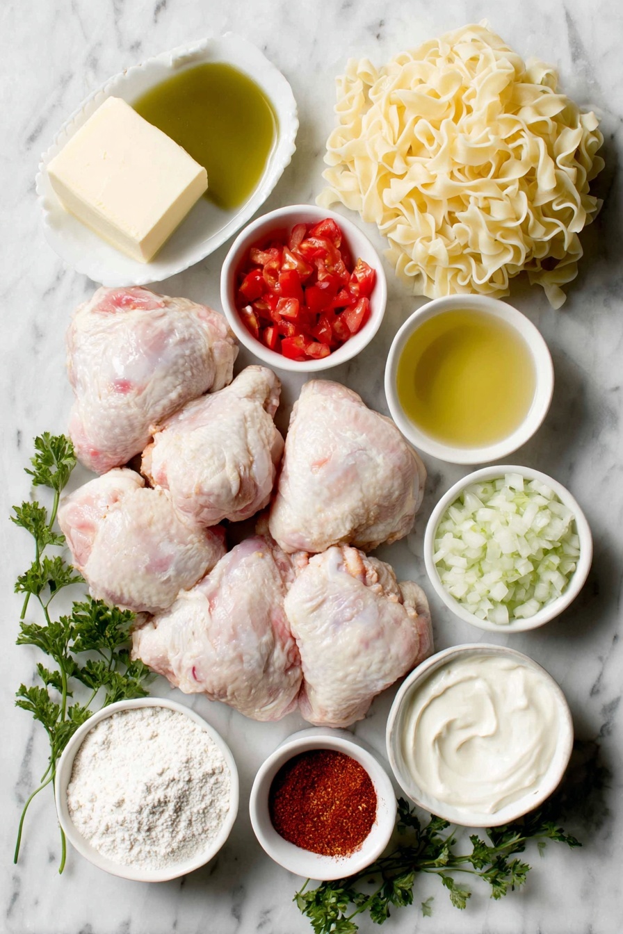 Flat lay of unsalted butter resting as a small soft block, a small white ceramic bowl filled with golden extra virgin olive oil, raw bone-in chicken pieces with skin on arranged symmetrically (two breasts, two thighs, two legs, two wings), a small white ceramic bowl with finely diced sweet onions, another small white ceramic bowl holding bright red diced bell peppers, chopped ripe Roma tomatoes in a small white ceramic bowl, two whole uncracked garlic cloves, a small white ceramic bowl containing deep red Hungarian sweet paprika powder, a small white ceramic bowl filled with rich golden chicken broth, a small white ceramic bowl with fine white all-purpose flour, a small white ceramic bowl with smooth, thick full-fat sour cream, a small white ceramic bowl of pale heavy cream, a few sprigs of fresh bright green Italian parsley, and a nest of fresh pale yellow egg noodles, all arranged with perfect symmetry and realistic proportions, placed on a clean white marble surface, soft natural light, photo taken with an iPhone, professional food photography style, fresh ingredients, white ceramic bowls, no bottles, no duplicates, no utensils, no packaging --ar 2:3 --v 7 --p m7354615311229779997 - Authentic Chicken Paprikash, Hungarian Chicken Paprikash, Chicken Paprikash recipe, traditional Hungarian dish, easy Chicken Paprikash