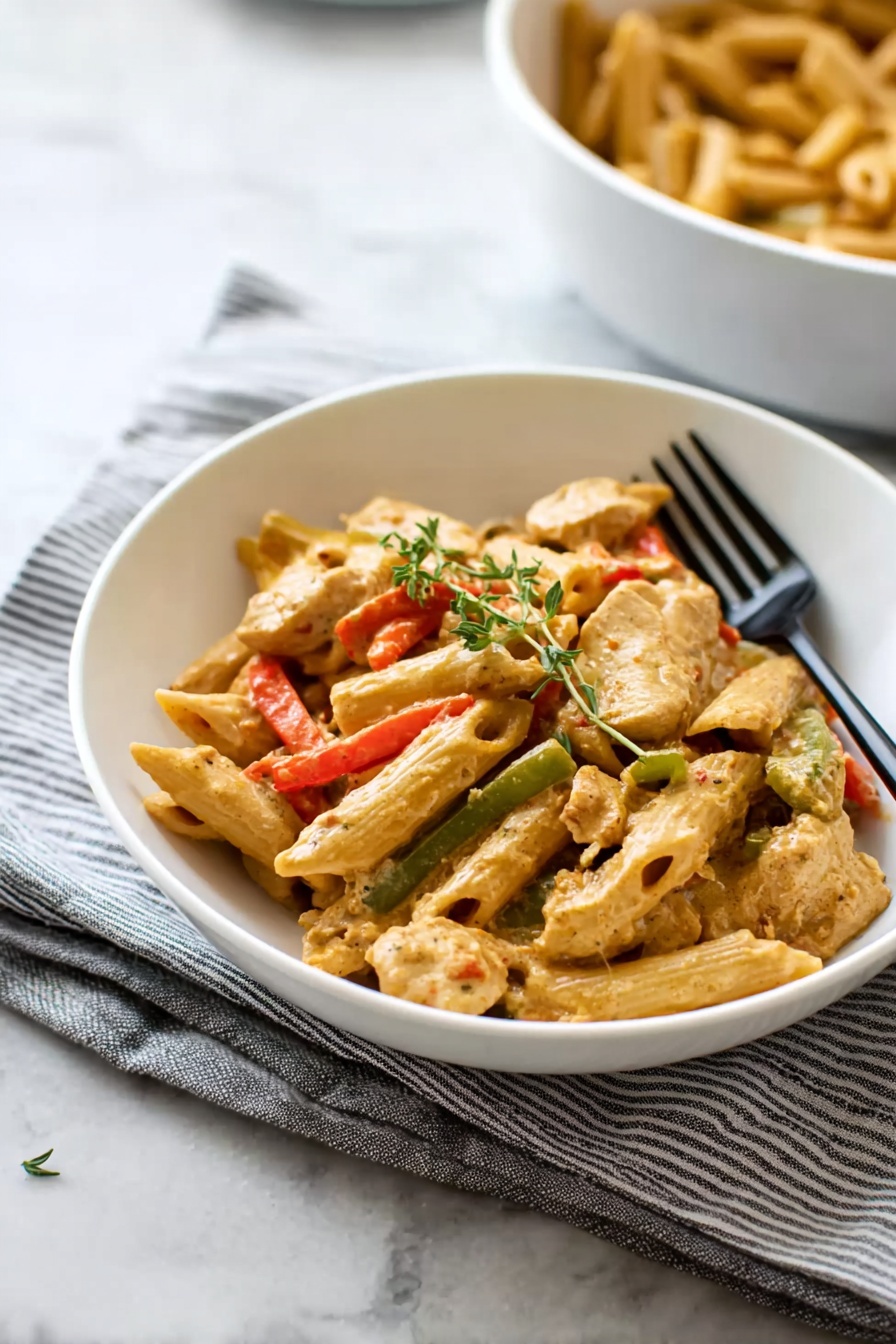 A white bowl filled with creamy penne pasta mixed with pieces of cooked chicken and strips of red and green bell peppers. The pasta is coated in a light brown creamy sauce with a sprig of fresh thyme on top. A black fork lies on the right side of the bowl. The bowl sits on a folded striped cloth on a white marbled surface. In the background, part of another white bowl with more pasta is visible, slightly out of focus. Photo taken with an iphone --ar 2:3 --v 7 - Rasta Pasta with Jerk Chicken, Caribbean jerk pasta, spicy jerk chicken pasta, colorful Caribbean pasta, easy jerk chicken recipe